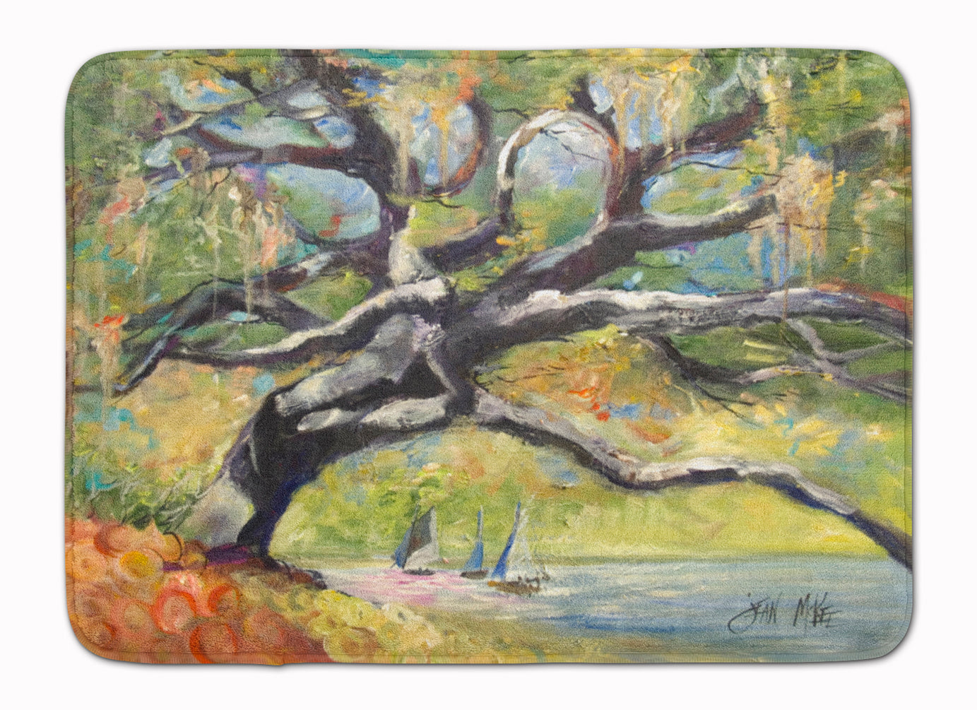 Oak Tree on the Bay with Sailboats Memory Foam Kitchen Mat Machine Washable Anti-Fatigue Cushion Comfort Bath or Kitchen Rug