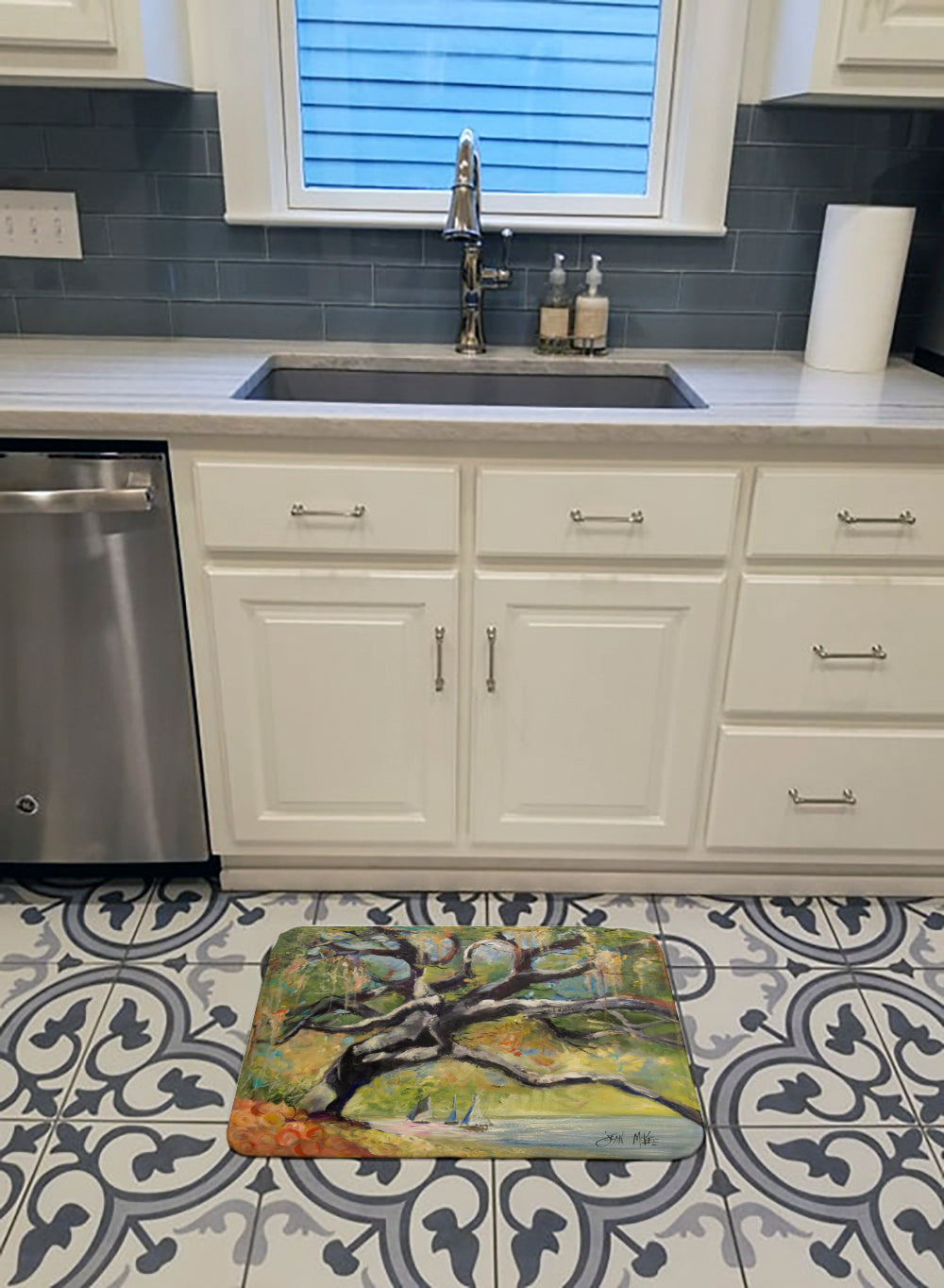 Oak Tree on the Bay with Sailboats Memory Foam Kitchen Mat Machine Washable Anti-Fatigue Cushion Comfort Bath or Kitchen Rug