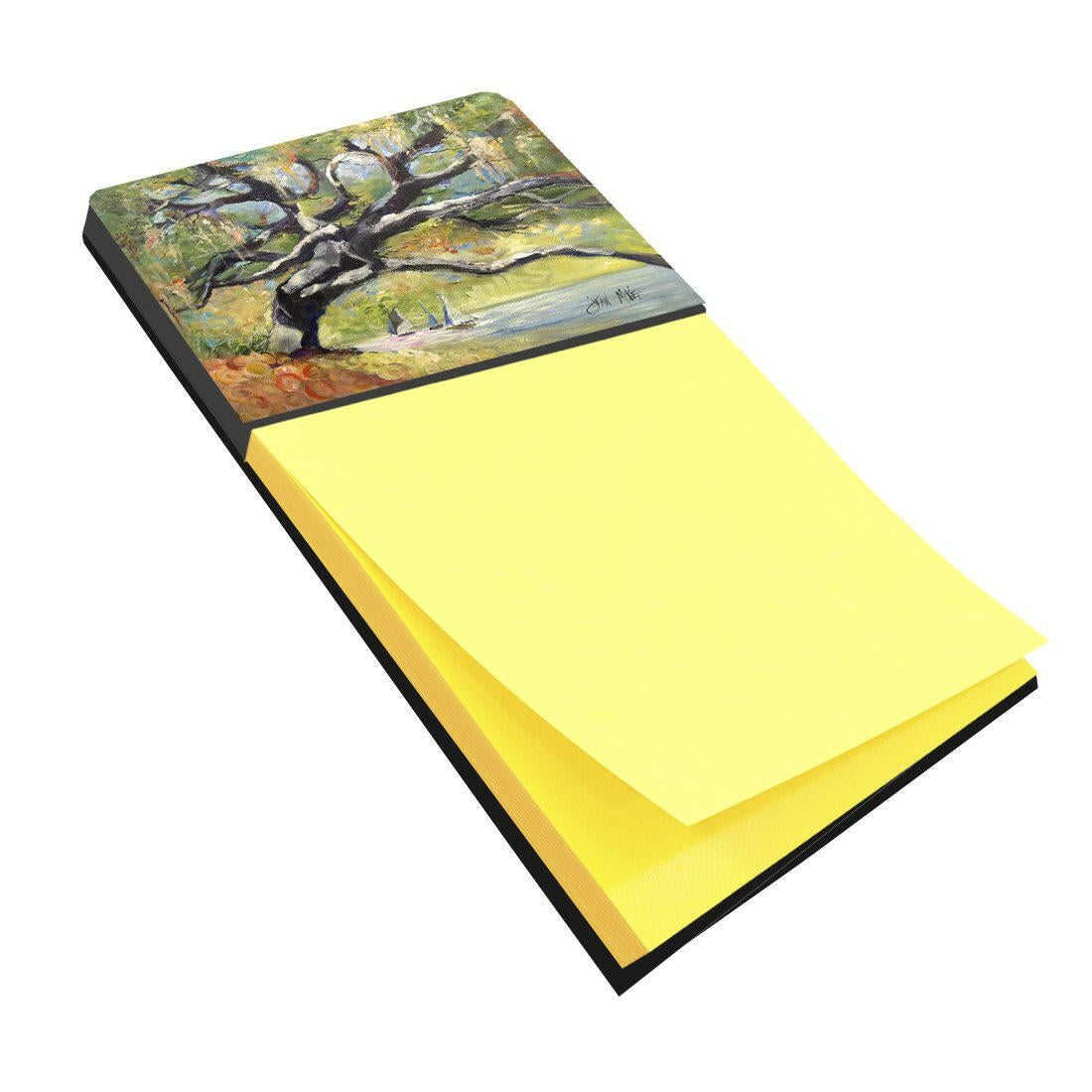 Oak Tree on the Bay with Sailboats Watercolor Sticky Note Holder Refillable Dispenser Desk Accessory 3x3 Pad Gift