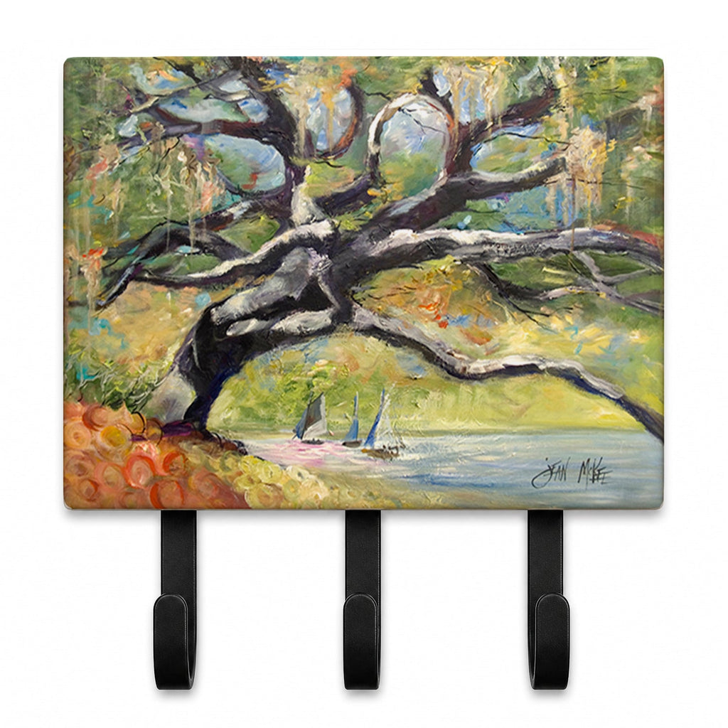 Oak Tree on the Bay with Sailboats Leash or Key Holder Wall Hooks, Coat Rack Wall Mount, for Hanging Keys, Towels, Aprons, Leashes