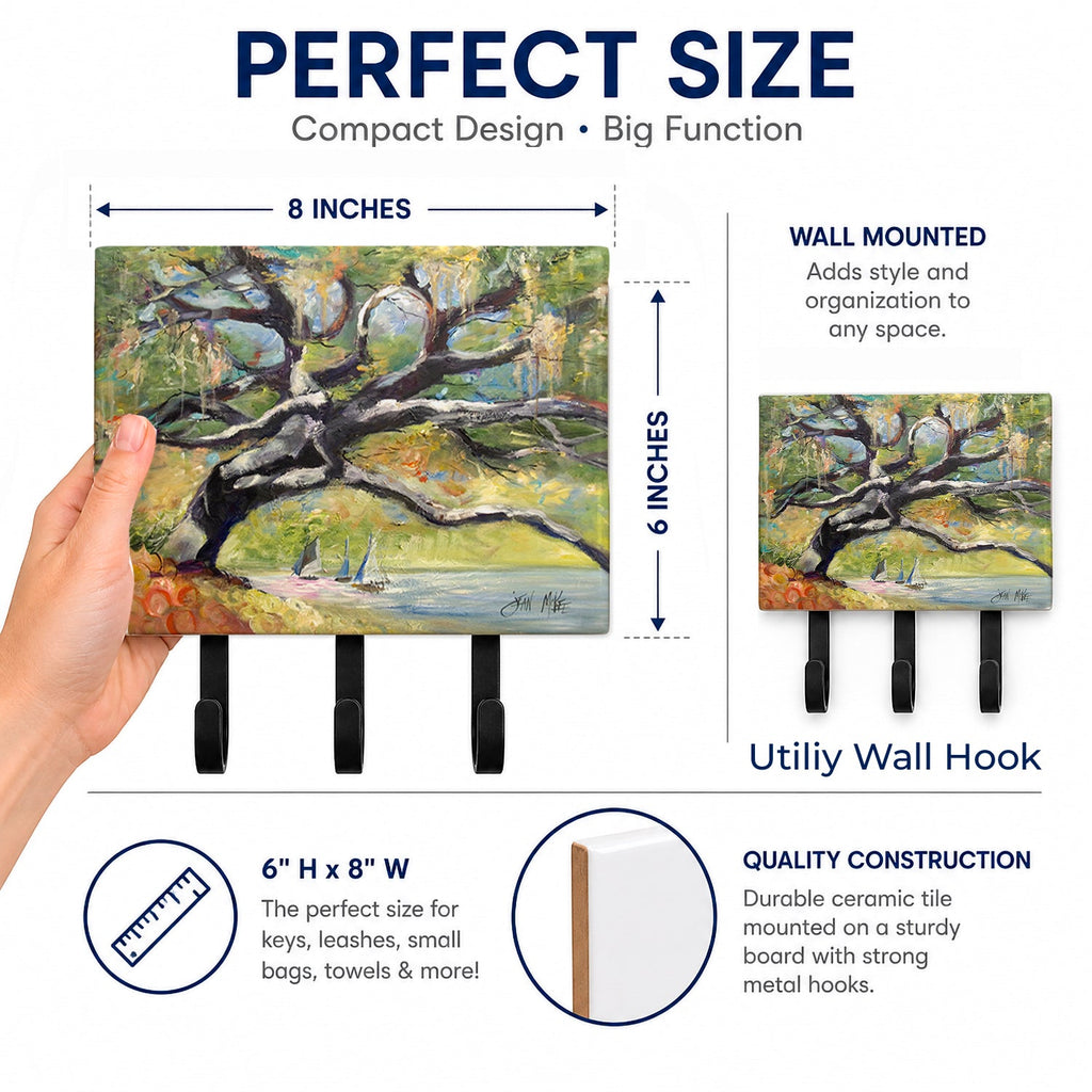 Oak Tree on the Bay with Sailboats Leash or Key Holder Wall Hooks, Coat Rack Wall Mount, for Hanging Keys, Towels, Aprons, Leashes