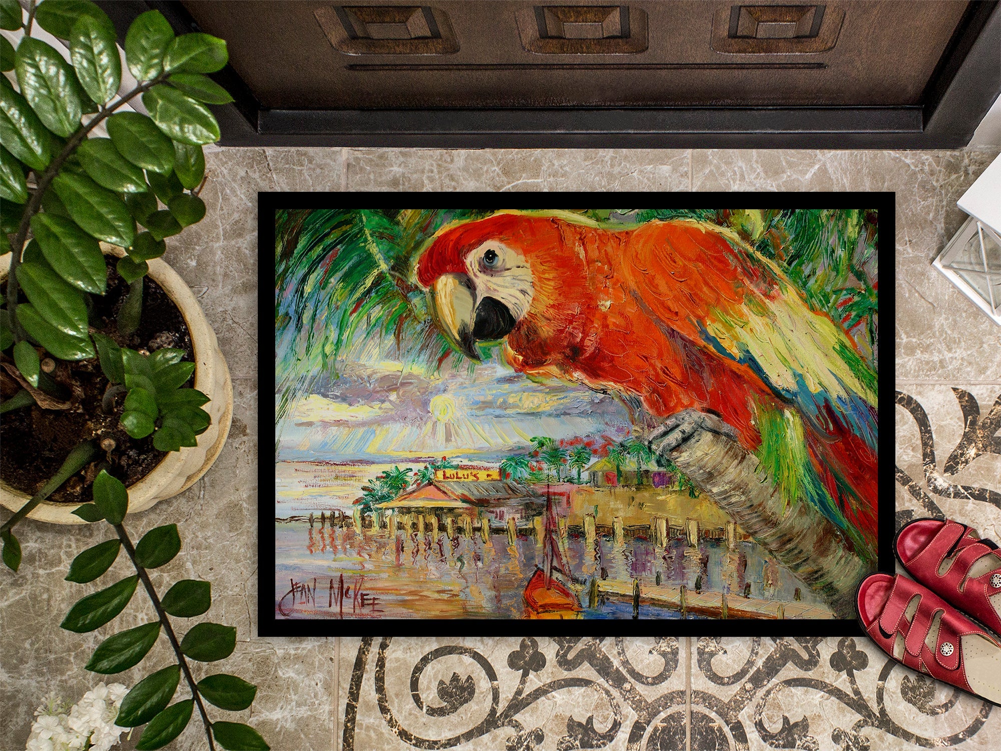 Red Parrot at Lulu's Doormat Indoor Outdoor 24H X 36W Front Door Mat Rugs for Entryway, Non Slip Washable Low Pile,