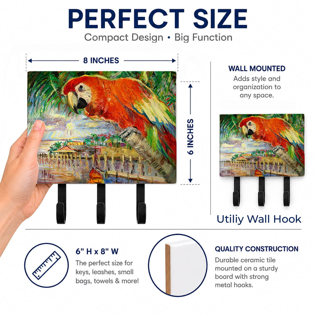 Red Parrot at Lulu's Leash or Key Holder Wall Hooks, Coat Rack Wall Mount, for Hanging Keys, Towels, Aprons, Leashes