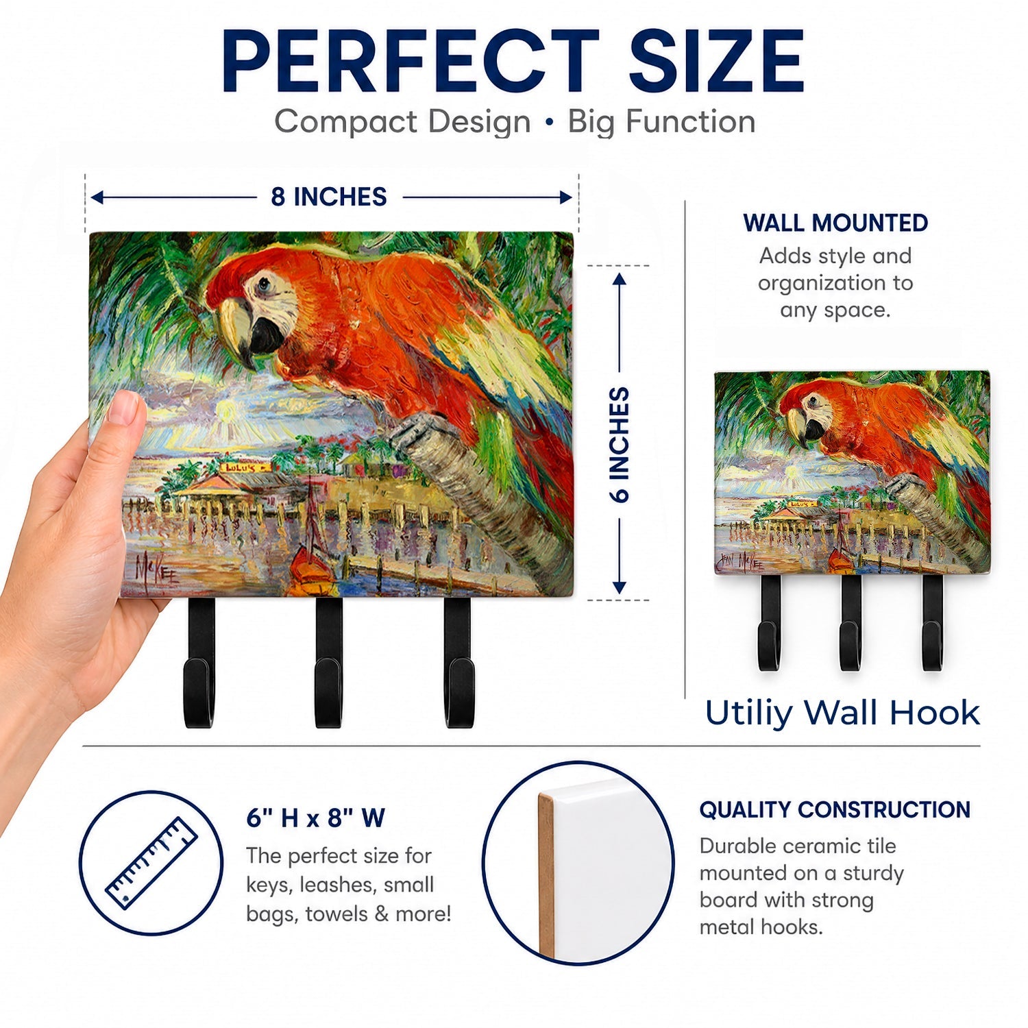 Red Parrot at Lulu's Leash or Key Holder Wall Hooks, Coat Rack Wall Mount, for Hanging Keys, Towels, Aprons, Leashes