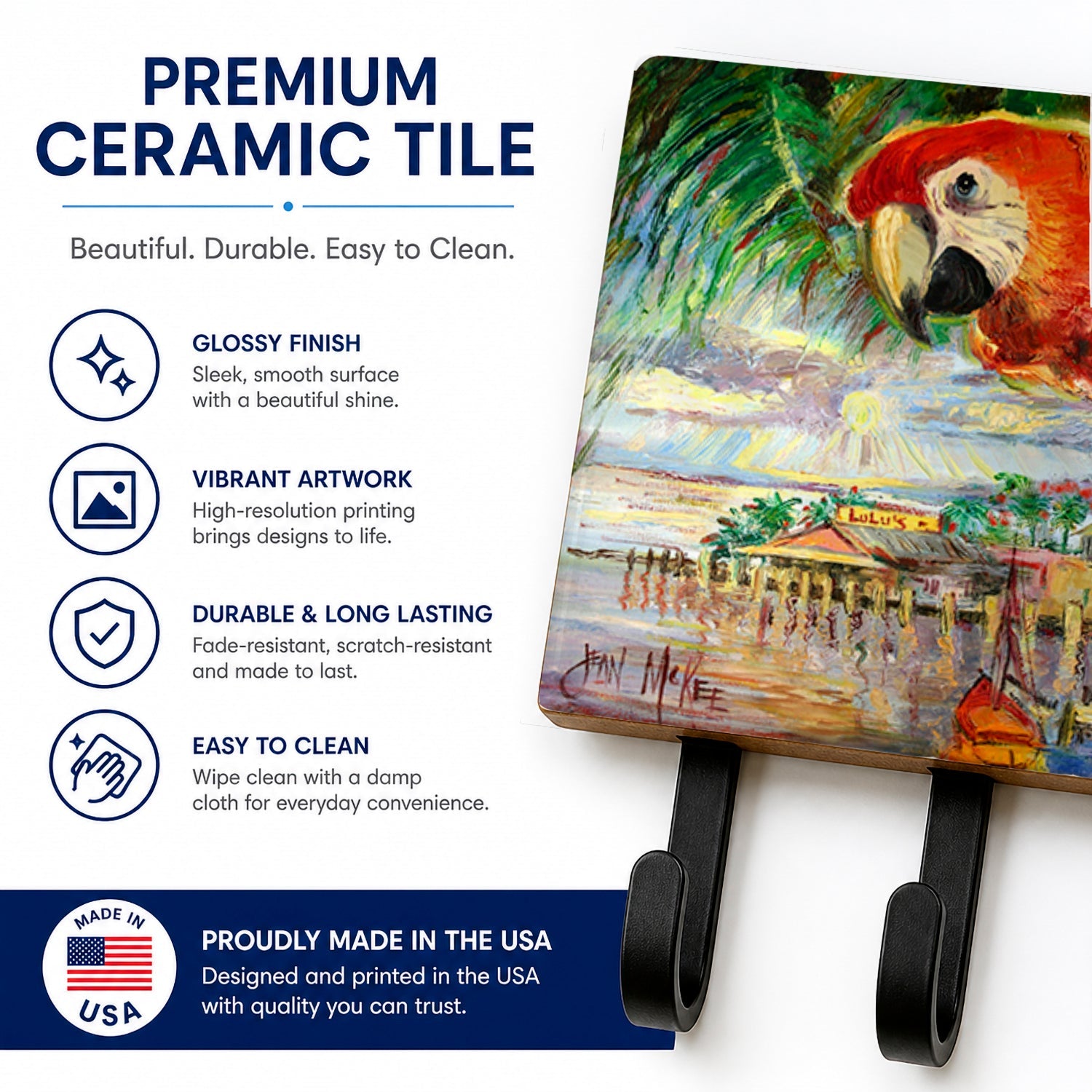 Red Parrot at Lulu's Leash or Key Holder Wall Hooks, Coat Rack Wall Mount, for Hanging Keys, Towels, Aprons, Leashes