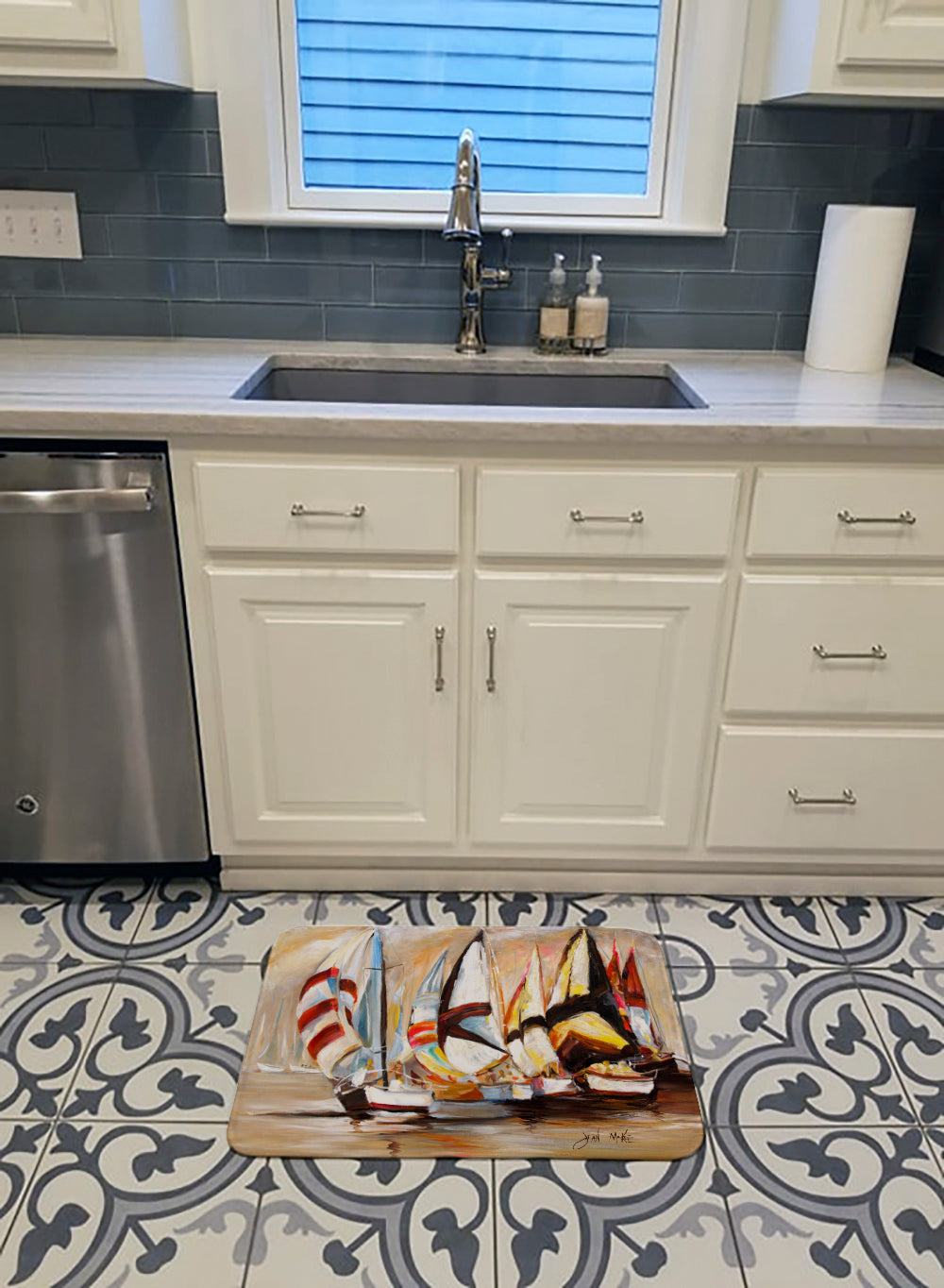 Boat Binge Sailboats Memory Foam Kitchen Mat Machine Washable Anti-Fatigue Cushion Comfort Bath or Kitchen Rug