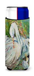 White Egret in the Rain Slim Can Hugger , Insulated Foam Hugger for 12 oz Slim Cans, Beer Bottles & Water Bottles, Printed in USA