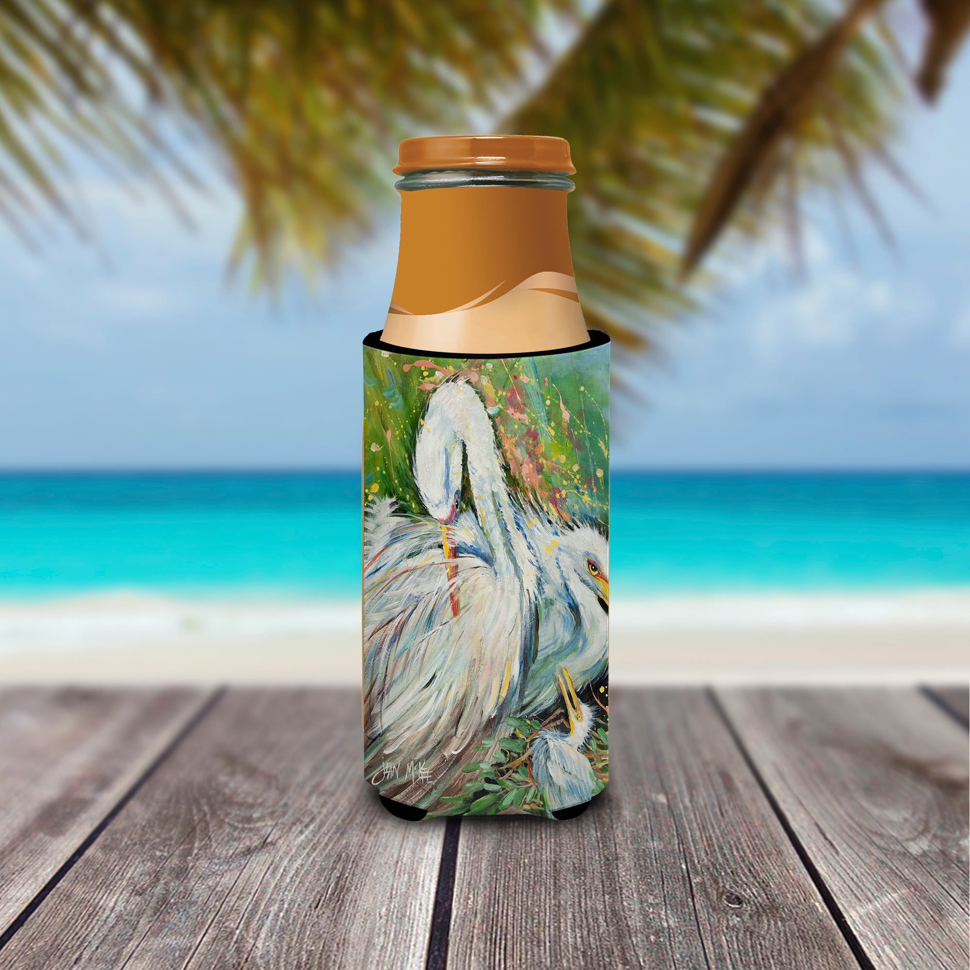 White Egret in the Rain Slim Can Hugger , Insulated Foam Hugger for 12 oz Slim Cans, Beer Bottles & Water Bottles, Printed in USA