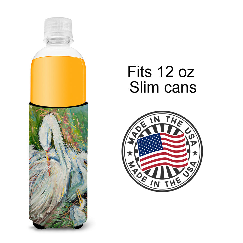 White Egret in the Rain Slim Can Hugger , Insulated Foam Hugger for 12 oz Slim Cans, Beer Bottles & Water Bottles, Printed in USA