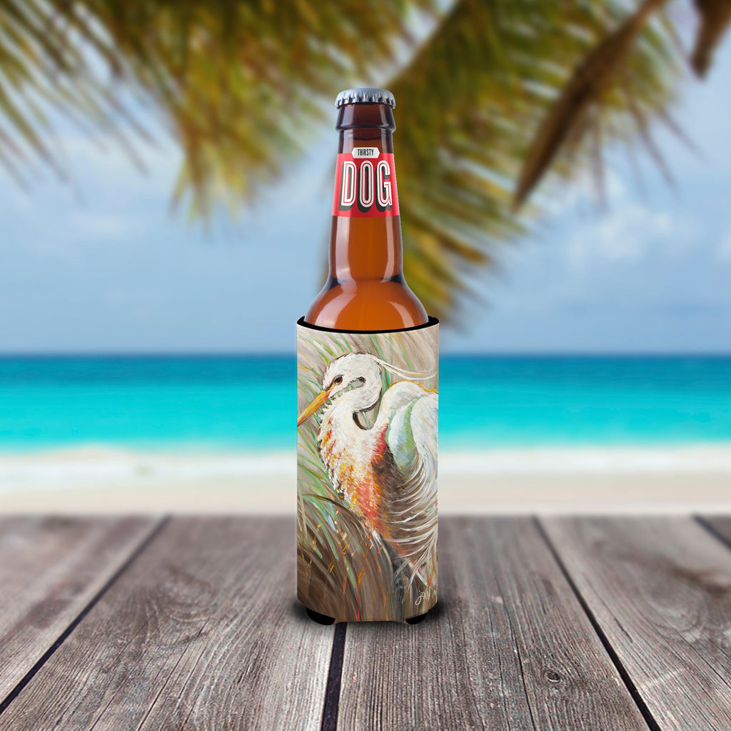 White Egret Slim Can Hugger , Insulated Foam Hugger for 12 oz Slim Cans, Beer Bottles & Water Bottles, Printed in USA