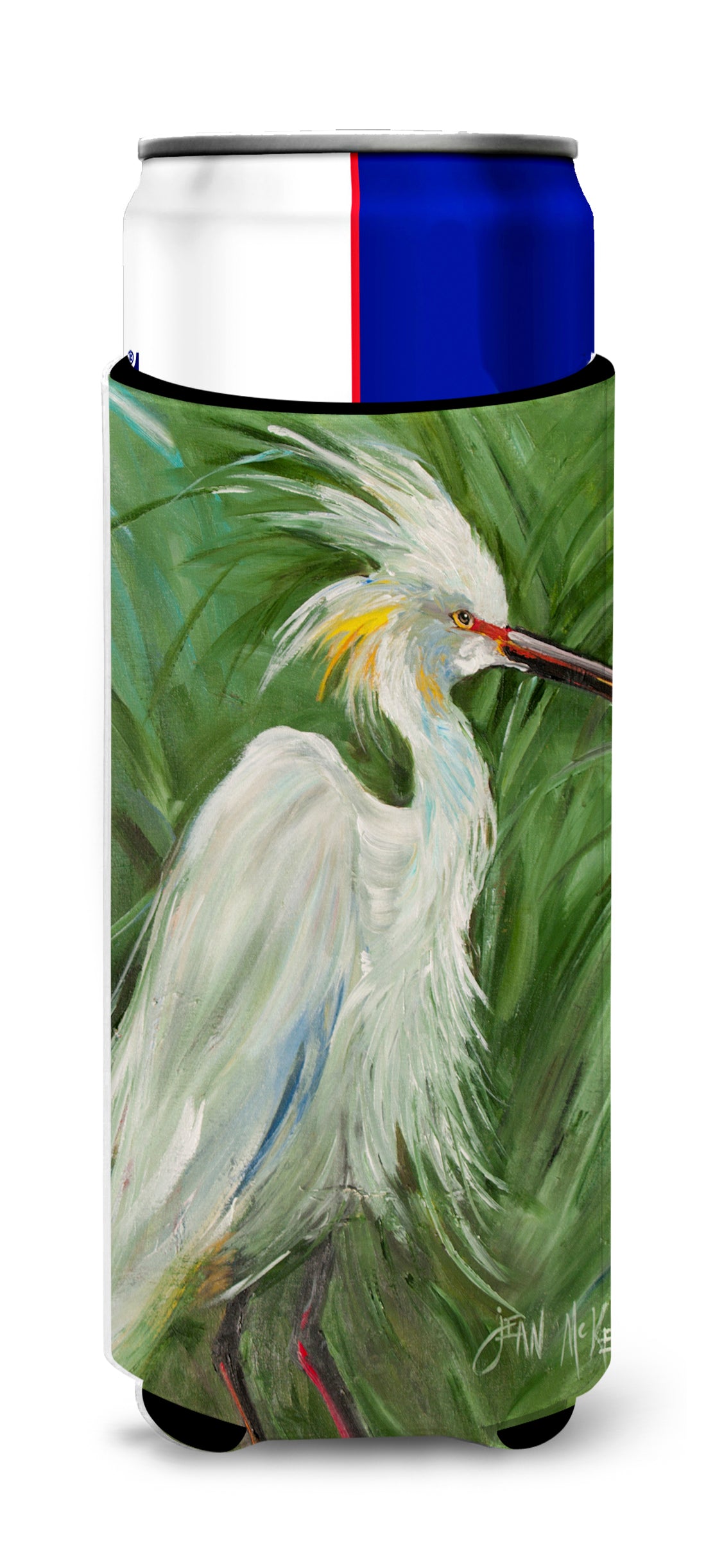 White Egret in Green grasses Slim Can Hugger , Insulated Foam Hugger for 12 oz Slim Cans, Beer Bottles & Water Bottles, Printed in USA