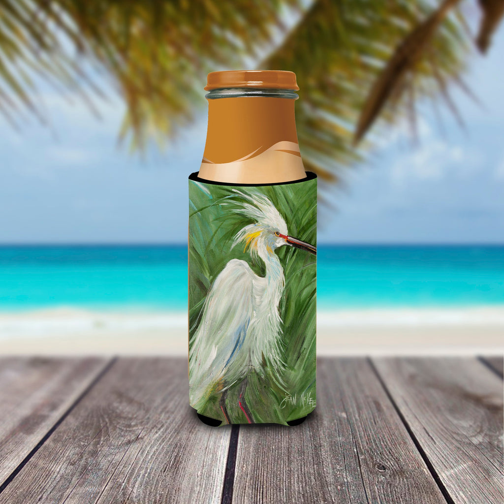 White Egret in Green grasses Slim Can Hugger , Insulated Foam Hugger for 12 oz Slim Cans, Beer Bottles & Water Bottles, Printed in USA