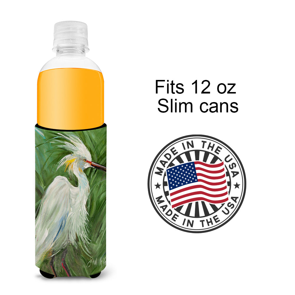 White Egret in Green grasses Slim Can Hugger , Insulated Foam Hugger for 12 oz Slim Cans, Beer Bottles & Water Bottles, Printed in USA