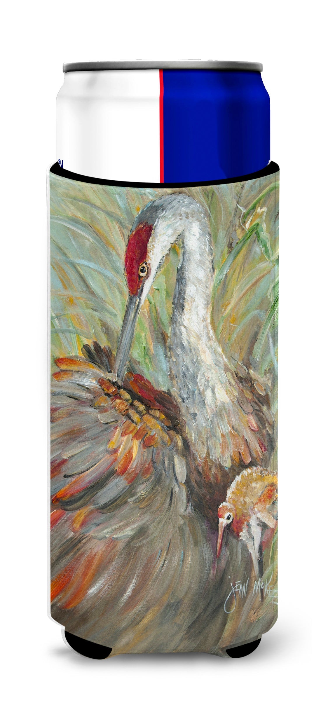 Sandhill Crane with baby Slim Can Hugger , Insulated Foam Hugger for 12 oz Slim Cans, Beer Bottles & Water Bottles, Printed in USA