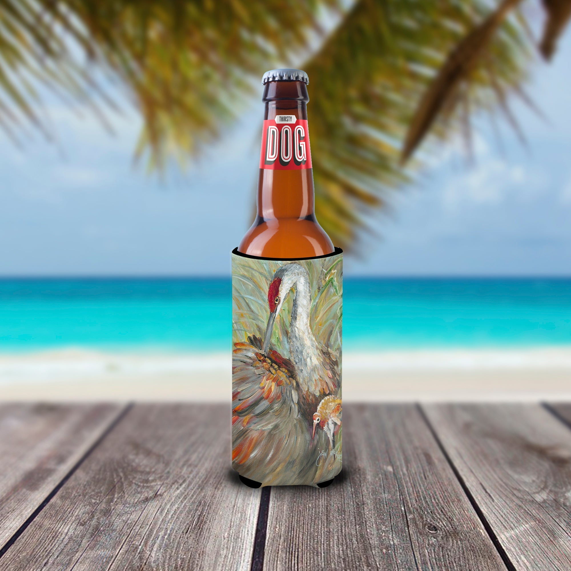 Sandhill Crane with baby Slim Can Hugger , Insulated Foam Hugger for 12 oz Slim Cans, Beer Bottles & Water Bottles, Printed in USA