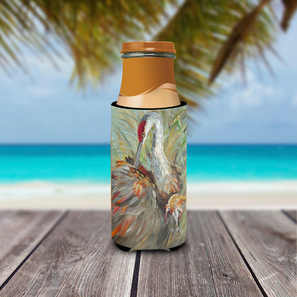 Sandhill Crane with baby Slim Can Hugger , Insulated Foam Hugger for 12 oz Slim Cans, Beer Bottles & Water Bottles, Printed in USA