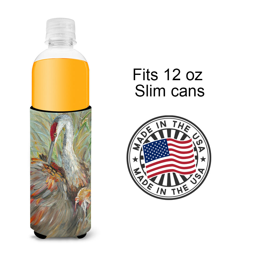 Sandhill Crane with baby Slim Can Hugger , Insulated Foam Hugger for 12 oz Slim Cans, Beer Bottles & Water Bottles, Printed in USA