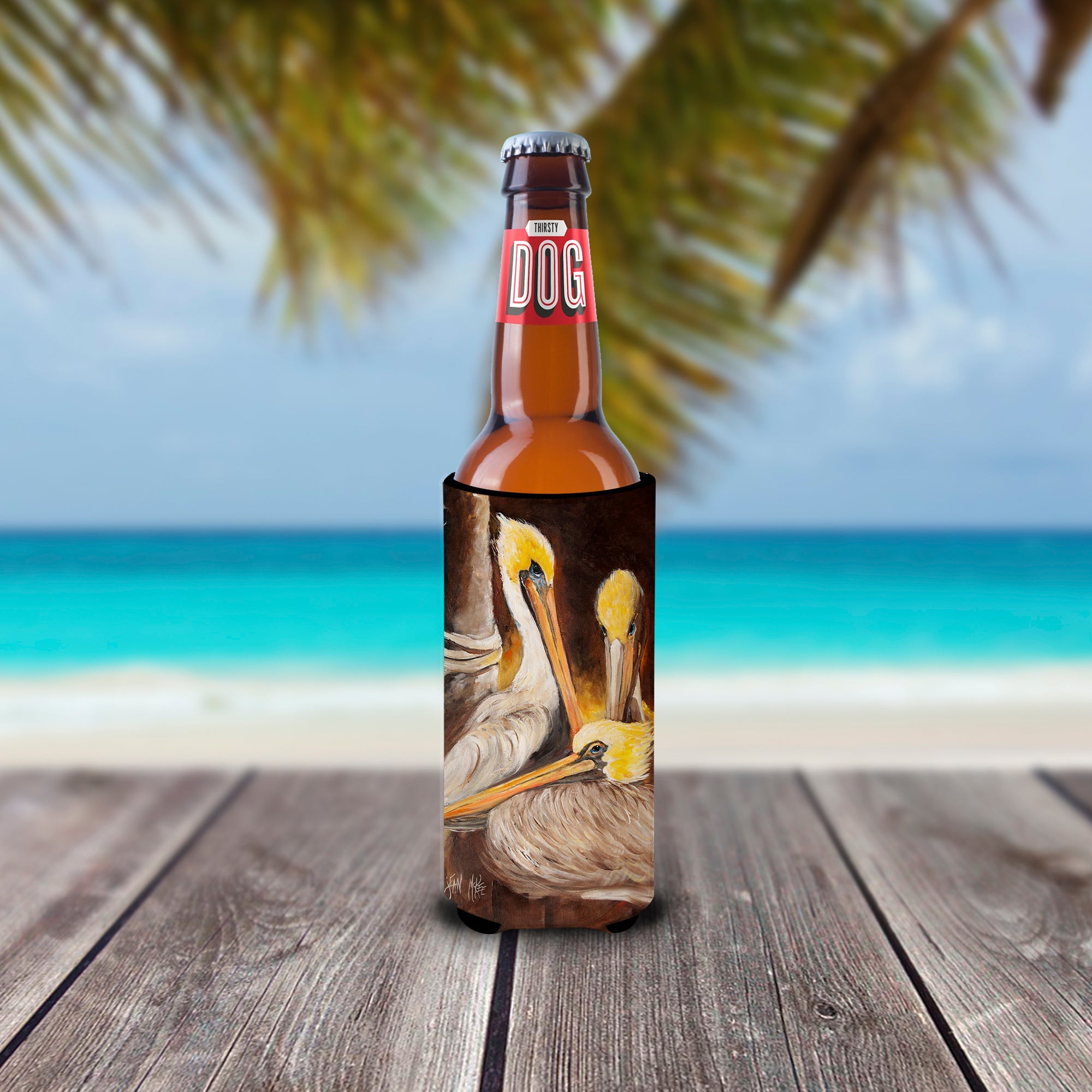 Brown Pelicans Slim Can Hugger , Insulated Foam Hugger for 12 oz Slim Cans, Beer Bottles & Water Bottles, Printed in USA