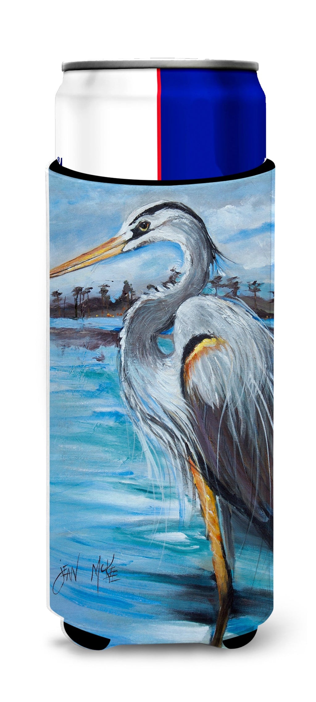 Blue Heron Gazing Slim Can Hugger , Insulated Foam Hugger for 12 oz Slim Cans, Beer Bottles & Water Bottles, Printed in USA