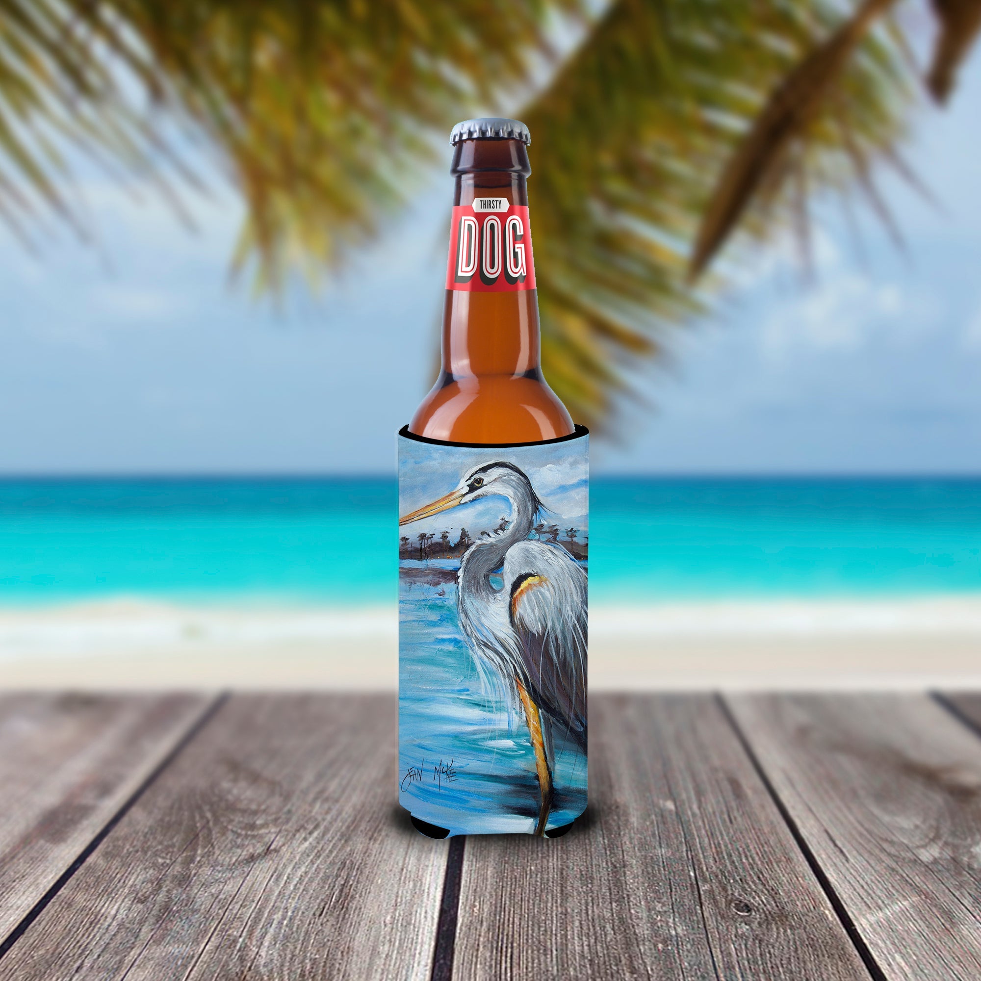 Blue Heron Gazing Slim Can Hugger , Insulated Foam Hugger for 12 oz Slim Cans, Beer Bottles & Water Bottles, Printed in USA