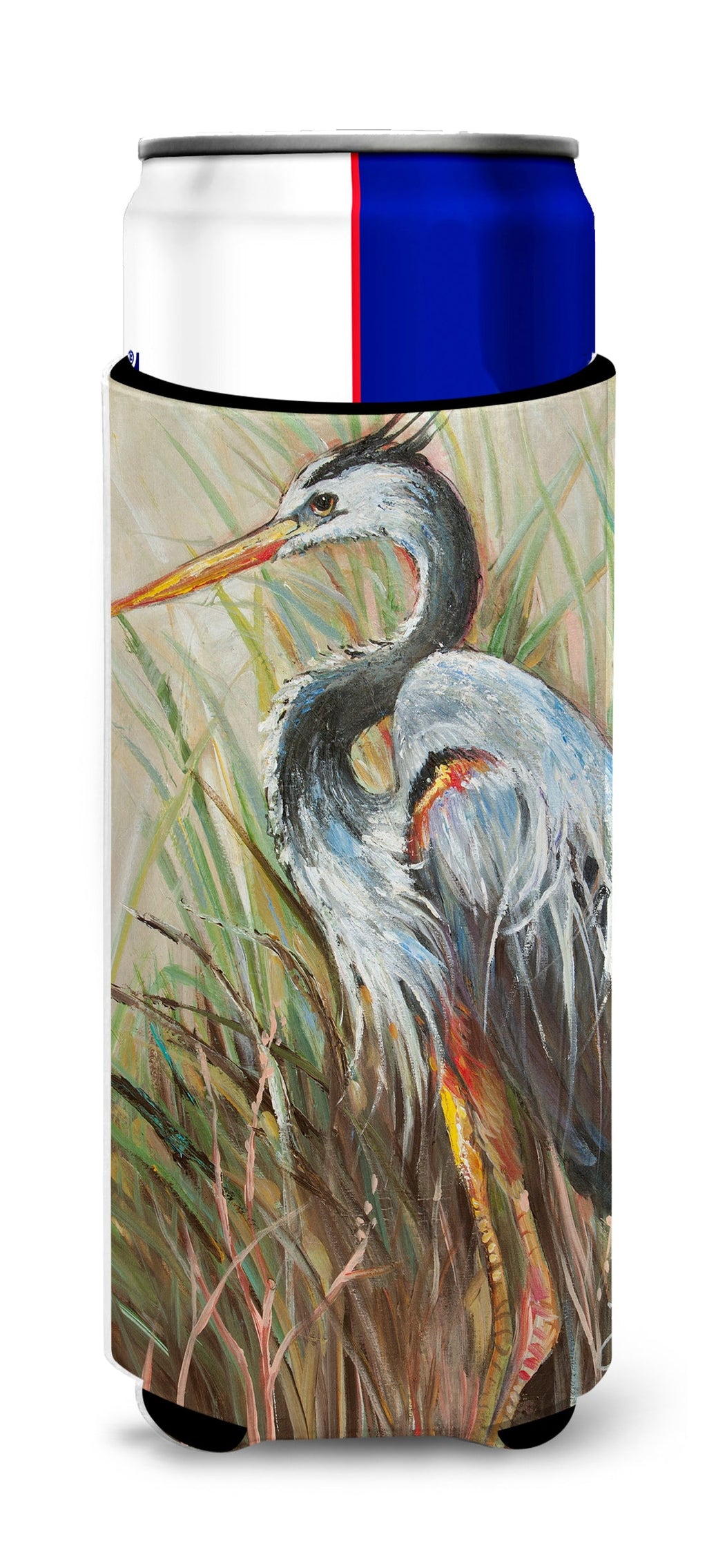 Blue Heron Gazing West Slim Can Hugger , Insulated Foam Hugger for 12 oz Slim Cans, Beer Bottles & Water Bottles, Printed in USA