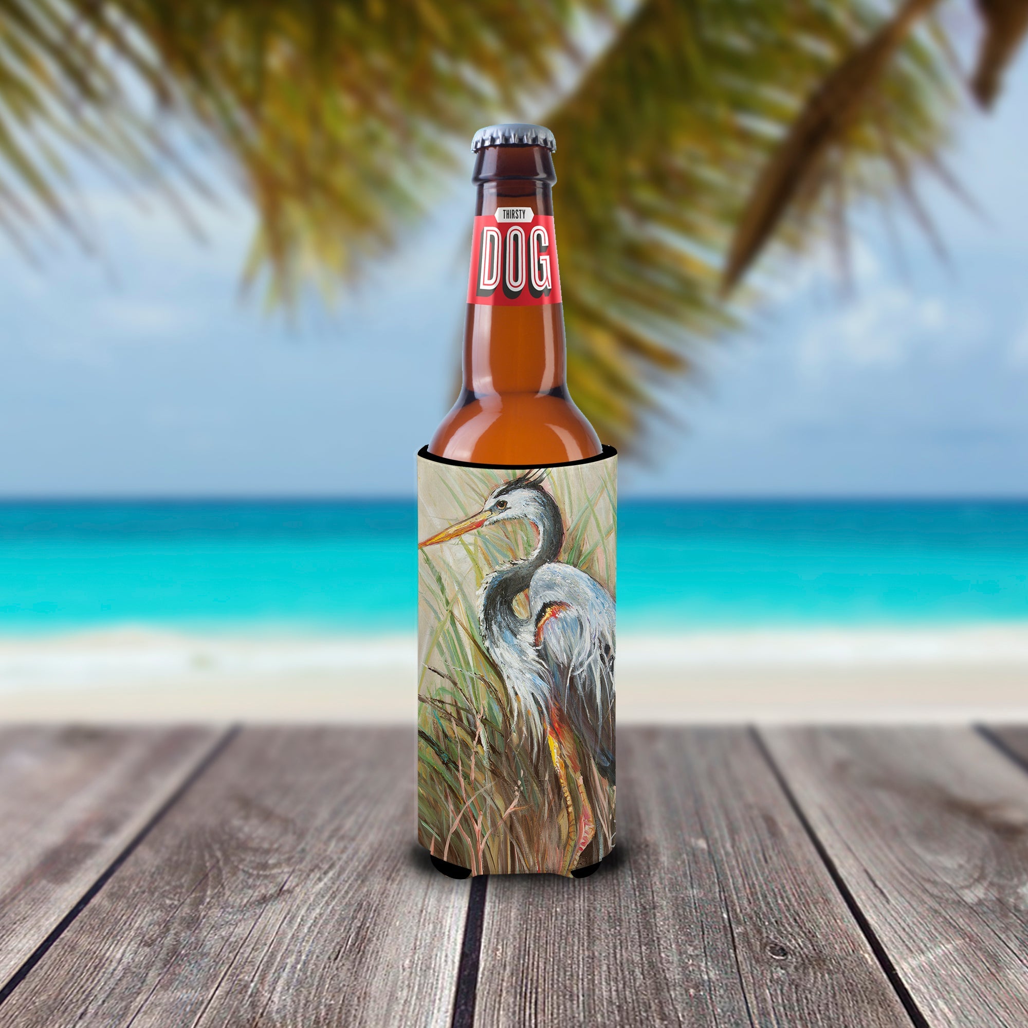 Blue Heron Gazing West Slim Can Hugger , Insulated Foam Hugger for 12 oz Slim Cans, Beer Bottles & Water Bottles, Printed in USA