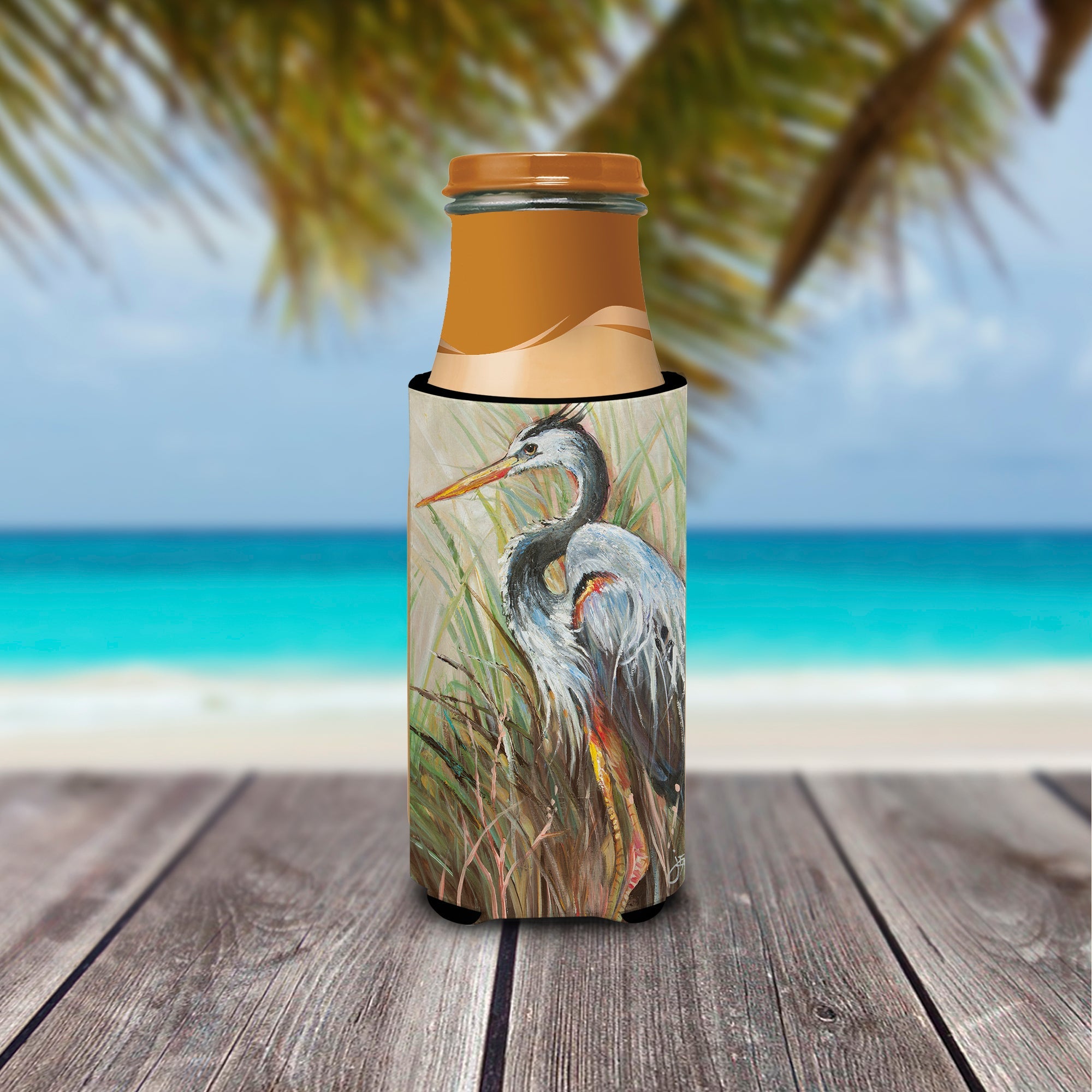 Blue Heron Gazing West Slim Can Hugger , Insulated Foam Hugger for 12 oz Slim Cans, Beer Bottles & Water Bottles, Printed in USA