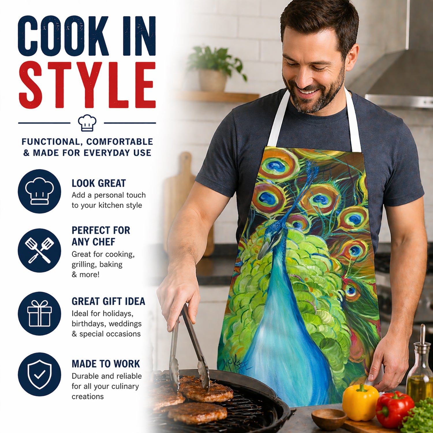 Bling Peacock Apron Cooking Kitchen Server Baking Crafts Gardening for Adult Women Men, Unisex, Large, Multicolor