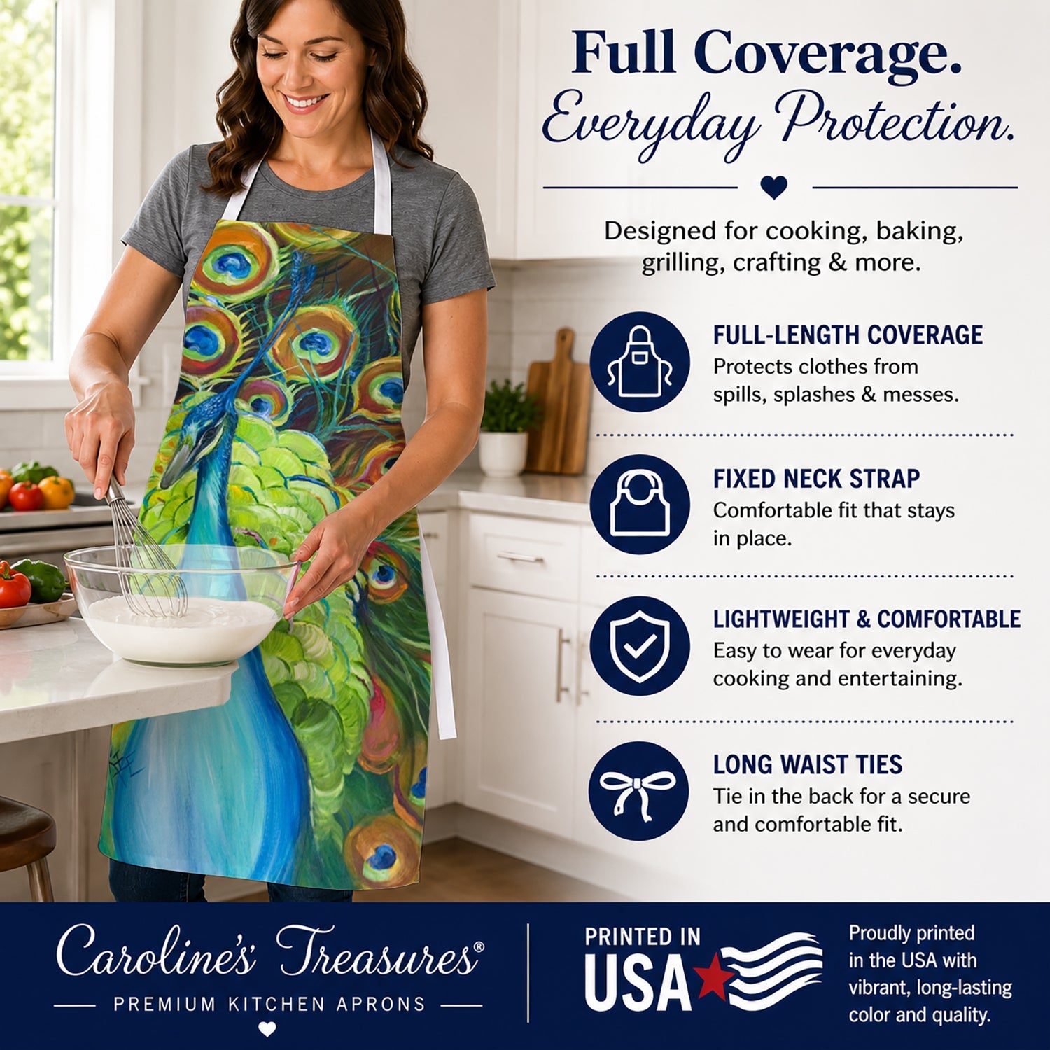 Bling Peacock Apron Cooking Kitchen Server Baking Crafts Gardening for Adult Women Men, Unisex, Large, Multicolor