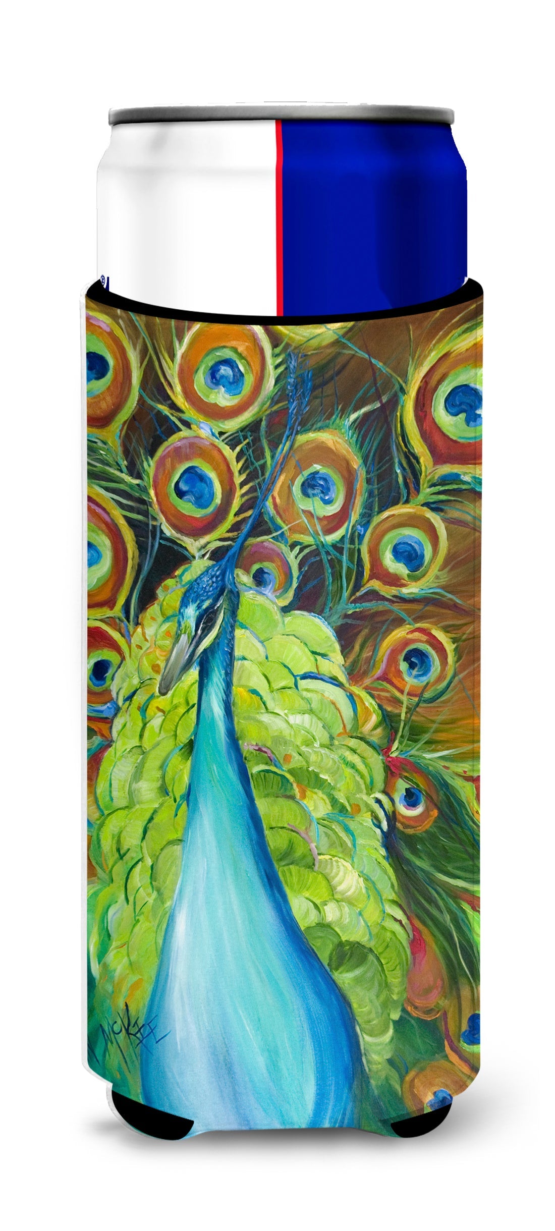 Bling Peacock Slim Can Hugger , Insulated Foam Hugger for 12 oz Slim Cans, Beer Bottles & Water Bottles, Printed in USA