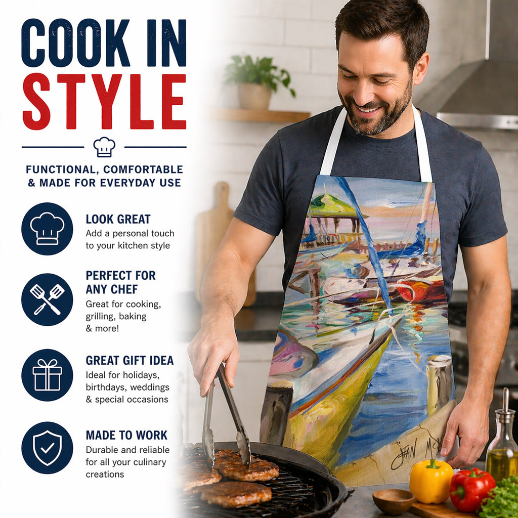 Boat Docks Sailboats Apron Cooking Kitchen Server Baking Crafts Gardening for Adult Women Men, Unisex, Large, Multicolor