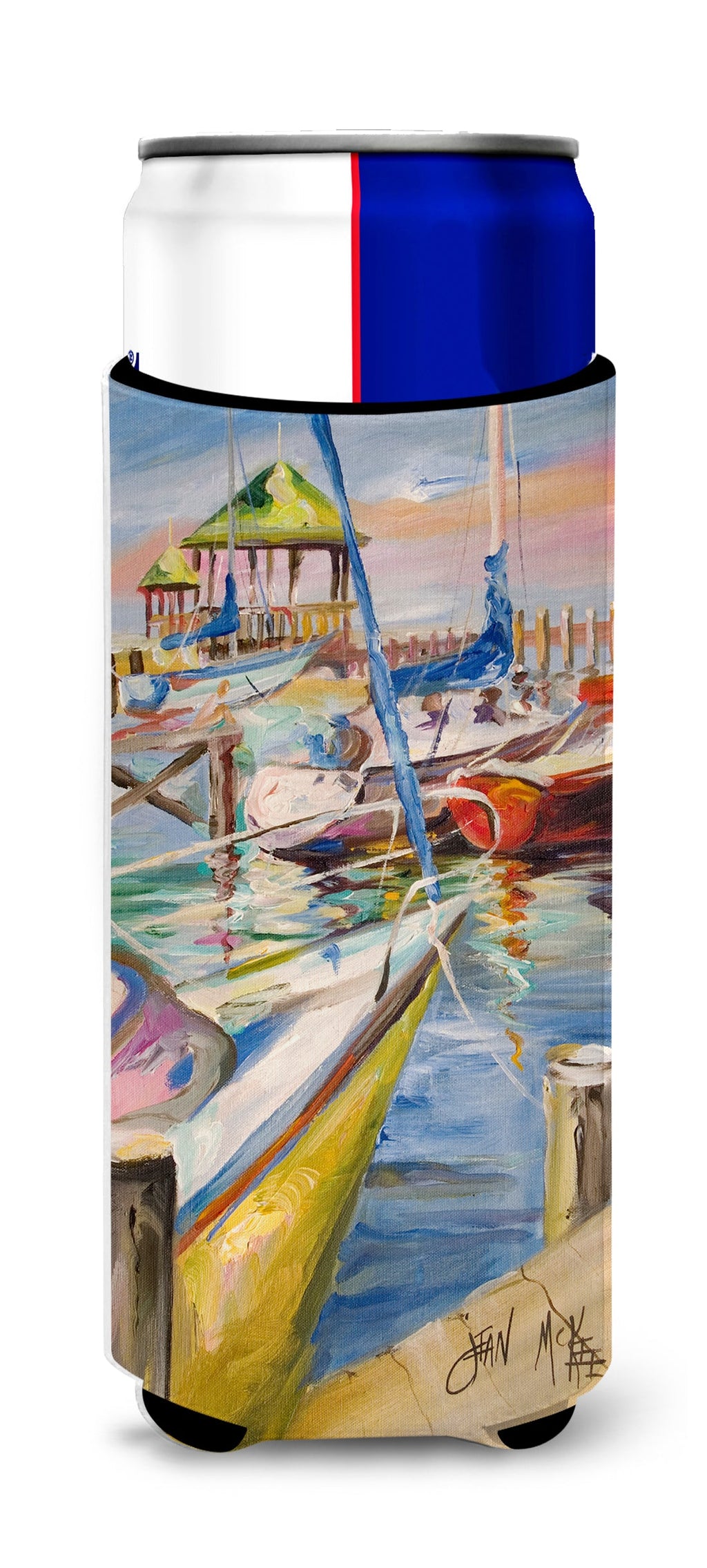 Boat Docks Sailboats Slim Can Hugger , Insulated Foam Hugger for 12 oz Slim Cans, Beer Bottles & Water Bottles, Printed in USA