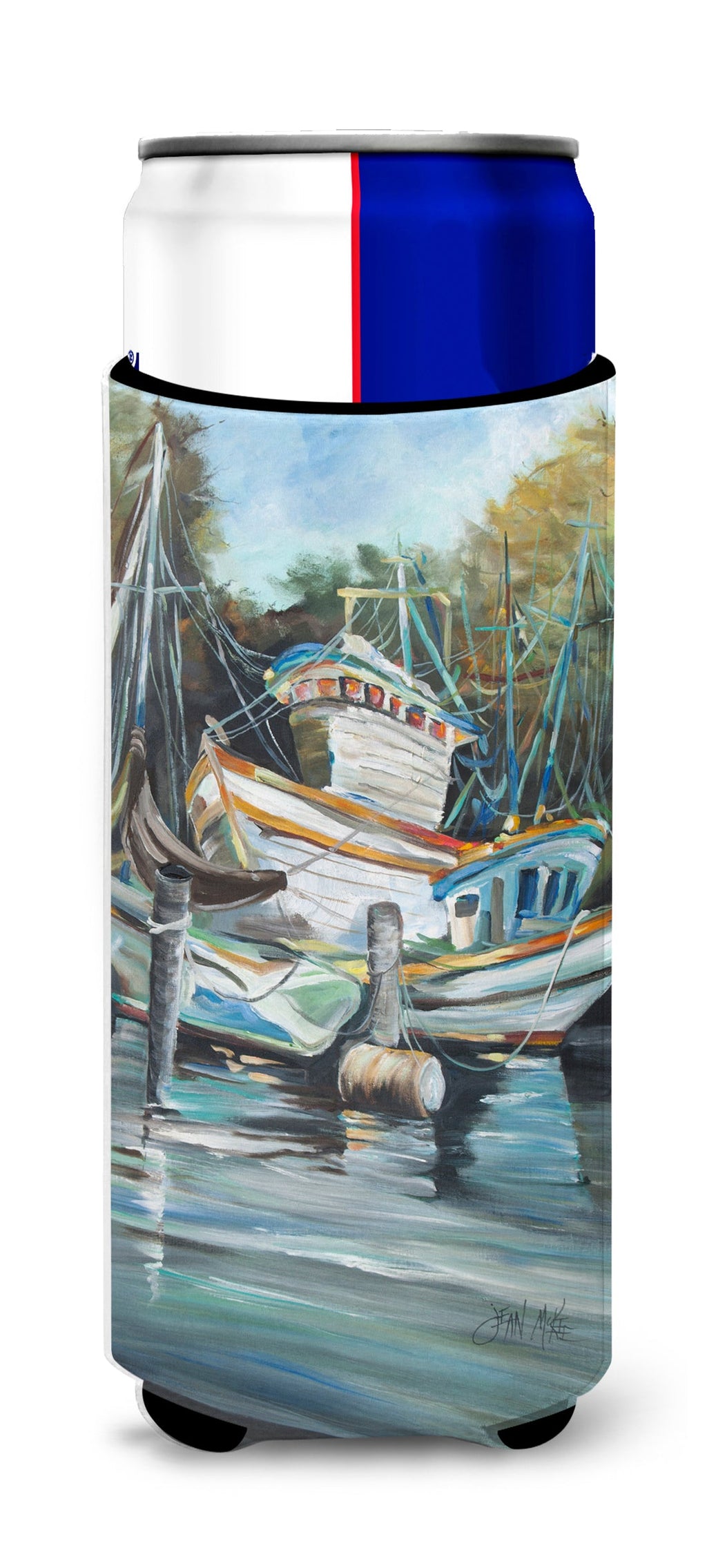 Shrimpers Cove and Shrimp Boats Slim Can Hugger , Insulated Foam Hugger for 12 oz Slim Cans, Beer Bottles & Water Bottles, Printed in USA