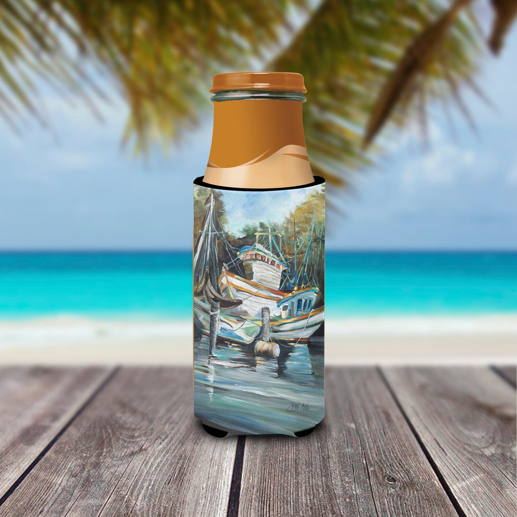 Shrimpers Cove and Shrimp Boats Slim Can Hugger , Insulated Foam Hugger for 12 oz Slim Cans, Beer Bottles & Water Bottles, Printed in USA