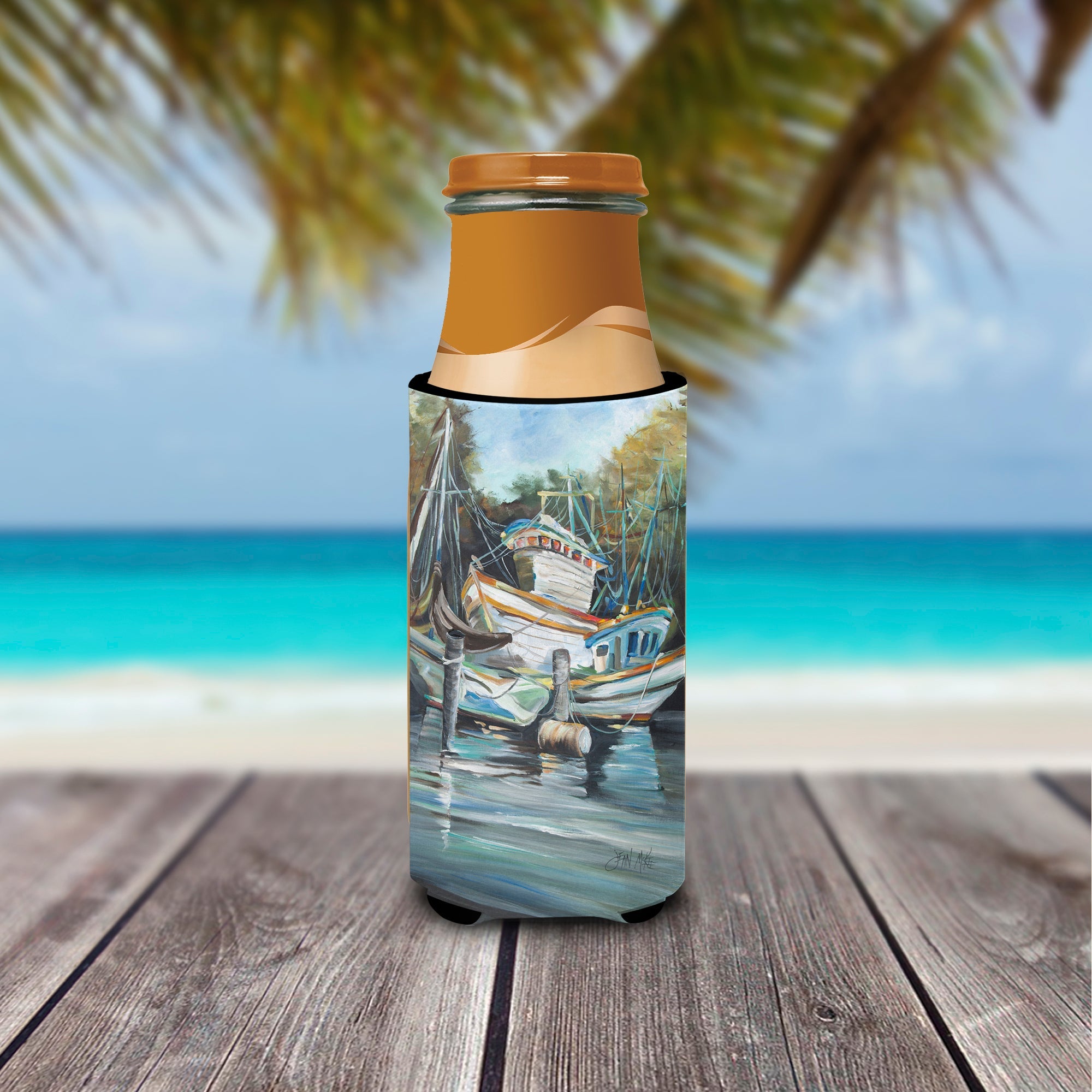 Shrimpers Cove and Shrimp Boats Slim Can Hugger , Insulated Foam Hugger for 12 oz Slim Cans, Beer Bottles & Water Bottles, Printed in USA