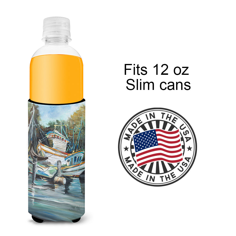 Shrimpers Cove and Shrimp Boats Slim Can Hugger , Insulated Foam Hugger for 12 oz Slim Cans, Beer Bottles & Water Bottles, Printed in USA