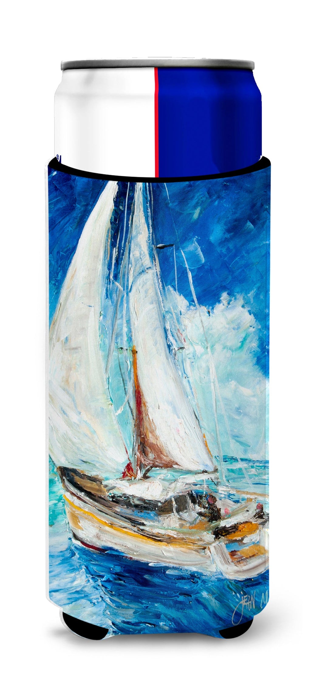 Sailboats in Blue Slim Can Hugger , Insulated Foam Hugger for 12 oz Slim Cans, Beer Bottles & Water Bottles, Printed in USA