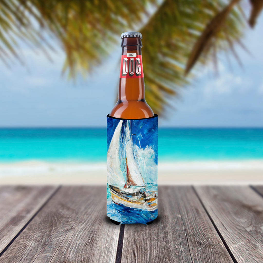 Sailboats in Blue Slim Can Hugger , Insulated Foam Hugger for 12 oz Slim Cans, Beer Bottles & Water Bottles, Printed in USA