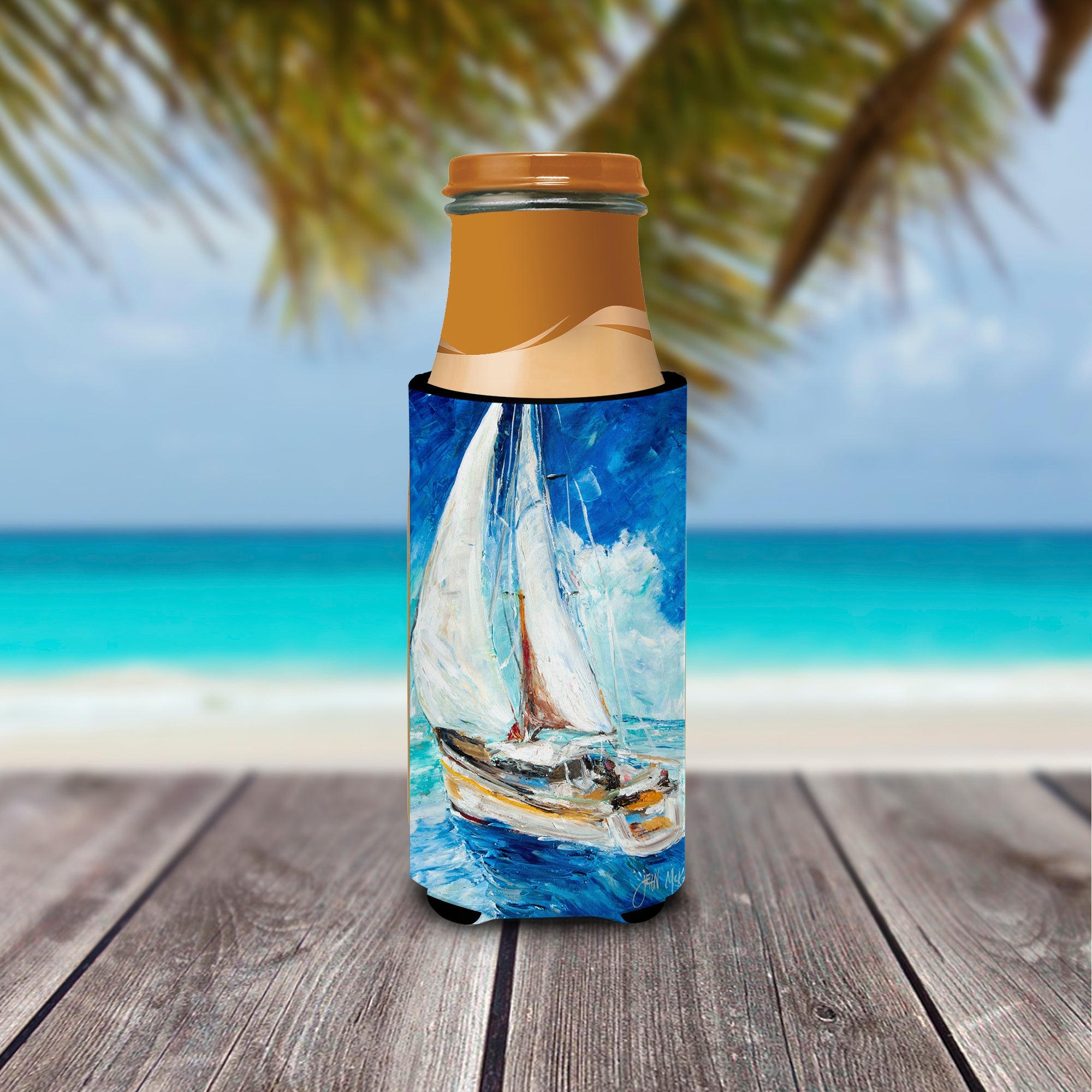 Sailboats in Blue Slim Can Hugger , Insulated Foam Hugger for 12 oz Slim Cans, Beer Bottles & Water Bottles, Printed in USA