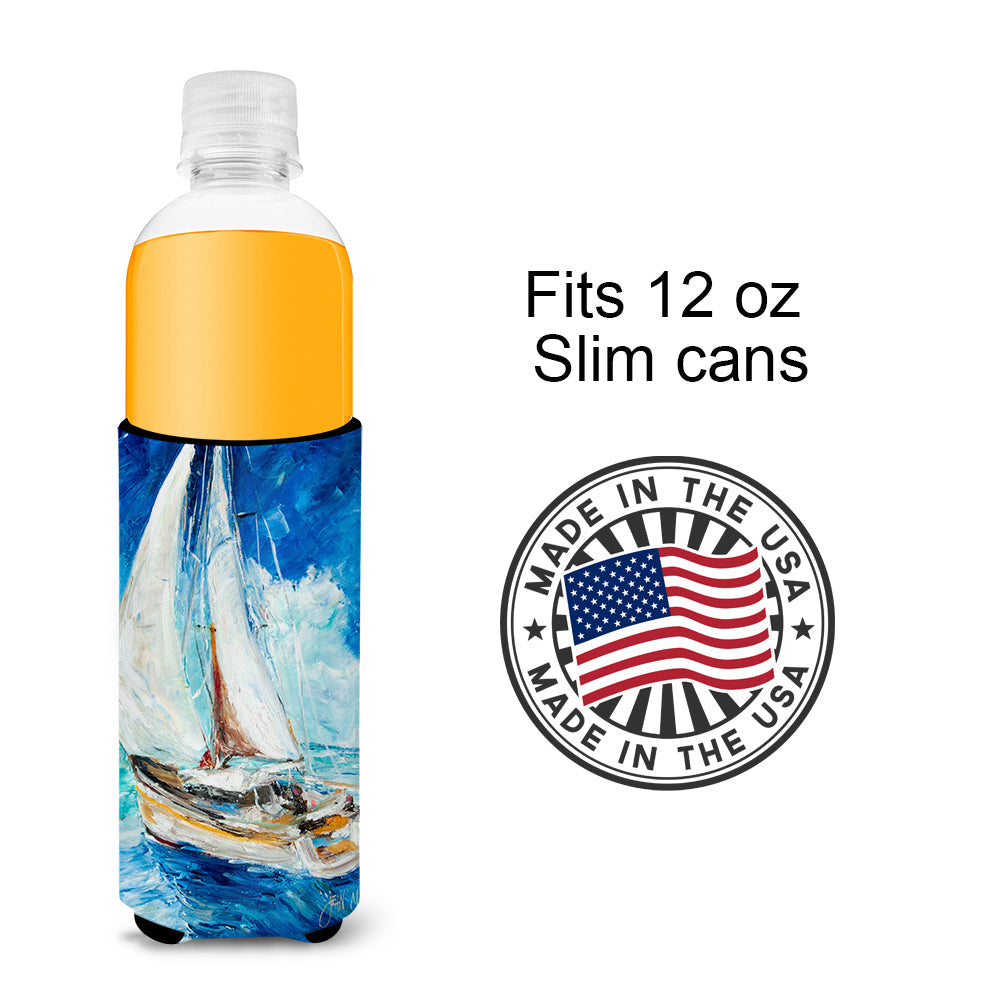 Sailboats in Blue Slim Can Hugger , Insulated Foam Hugger for 12 oz Slim Cans, Beer Bottles & Water Bottles, Printed in USA