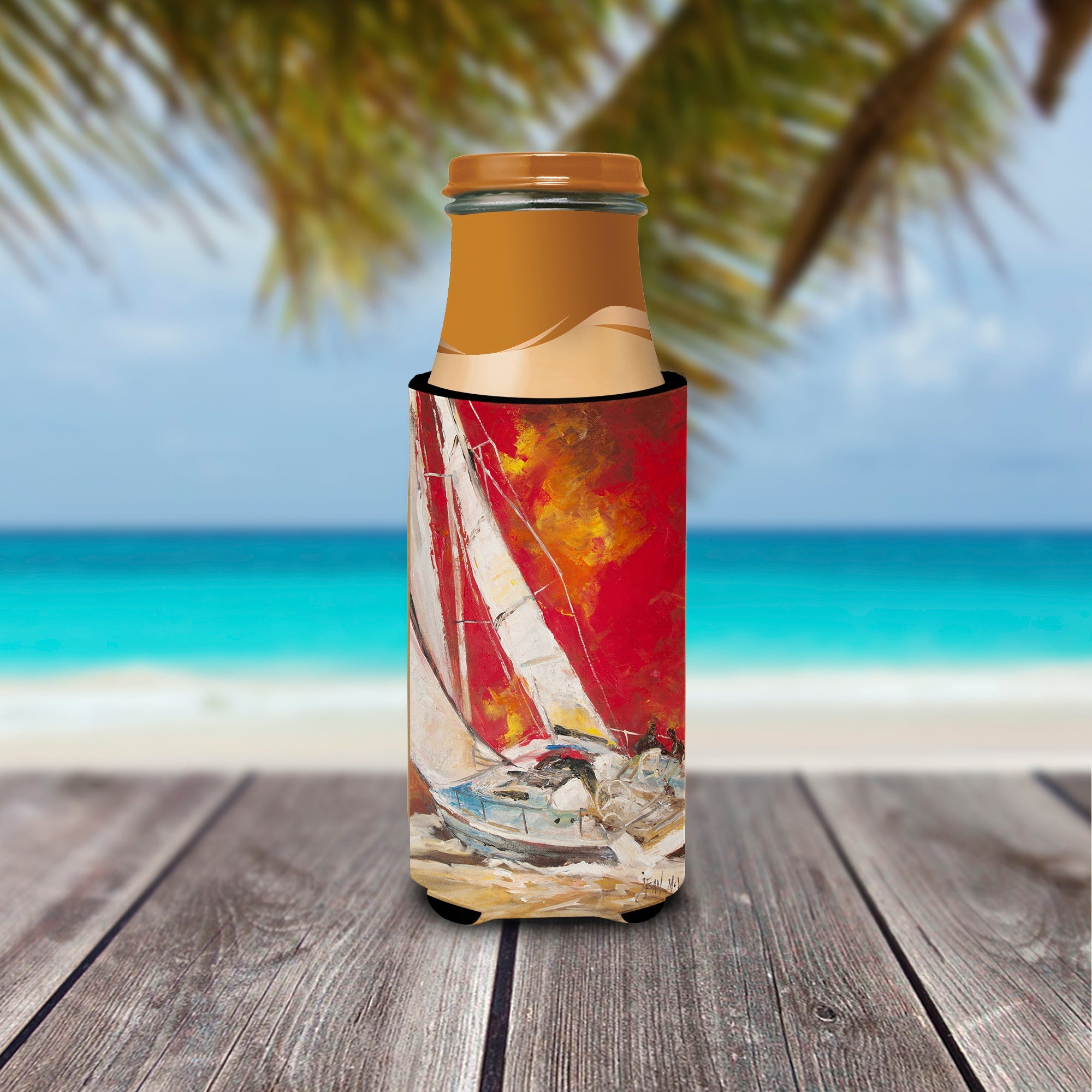 Red Sailboat Slim Can Hugger , Insulated Foam Hugger for 12 oz Slim Cans, Beer Bottles & Water Bottles, Printed in USA