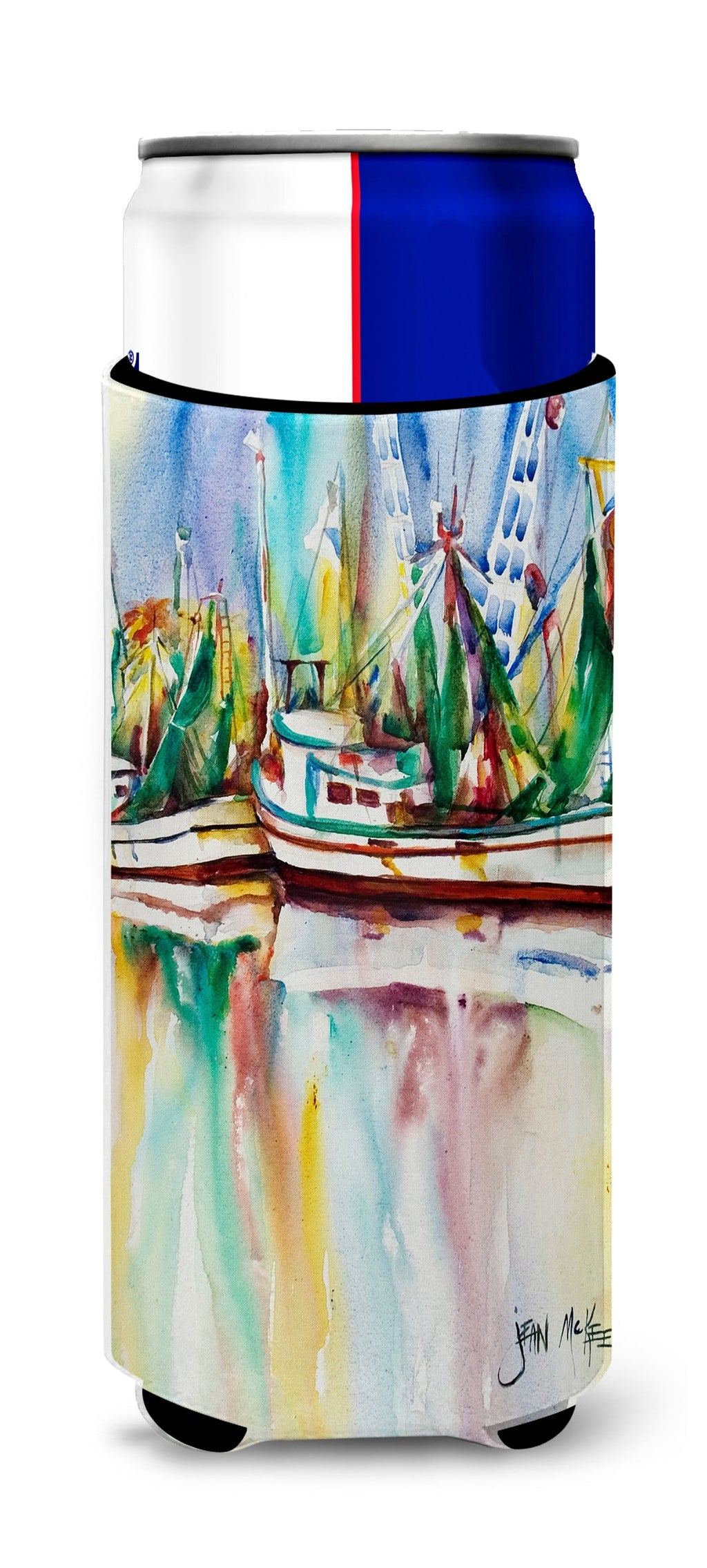Ocean Springs Shrimp Boats Slim Can Hugger , Insulated Foam Hugger for 12 oz Slim Cans, Beer Bottles & Water Bottles, Printed in USA