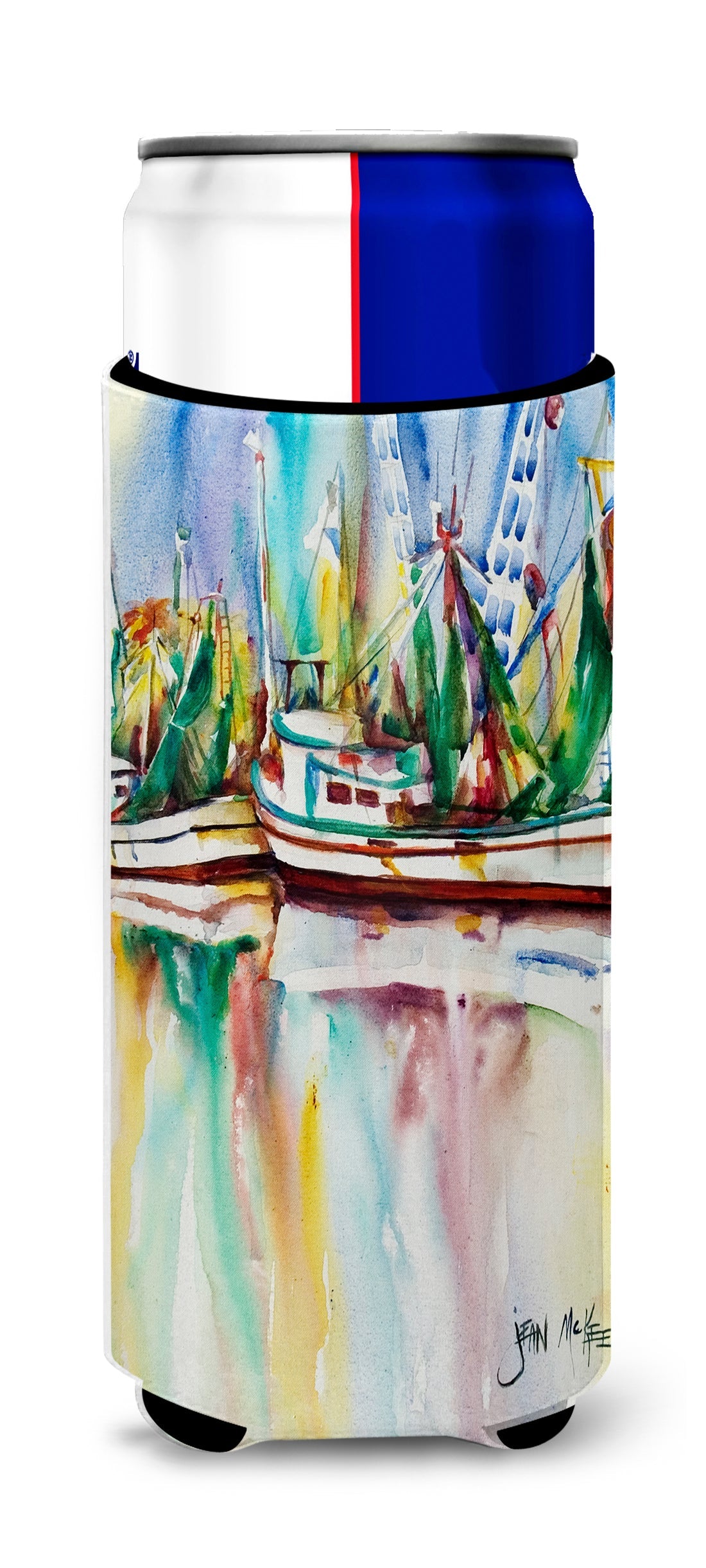Ocean Springs Shrimp Boats Slim Can Hugger , Insulated Foam Hugger for 12 oz Slim Cans, Beer Bottles & Water Bottles, Printed in USA