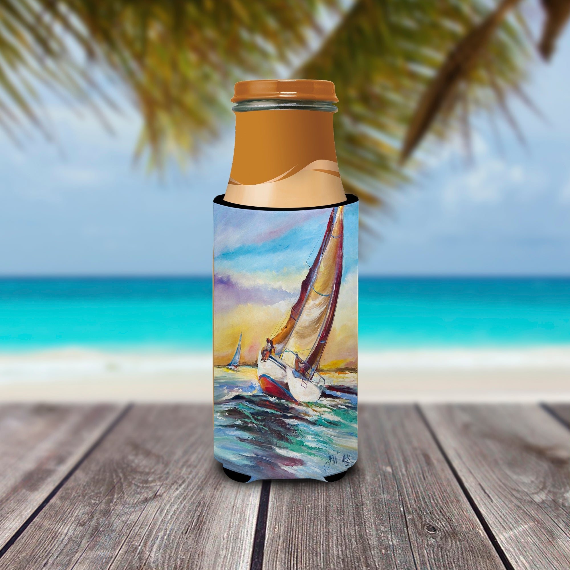 Horn Island Sailboat Race Slim Can Hugger , Insulated Foam Hugger for 12 oz Slim Cans, Beer Bottles & Water Bottles, Printed in USA