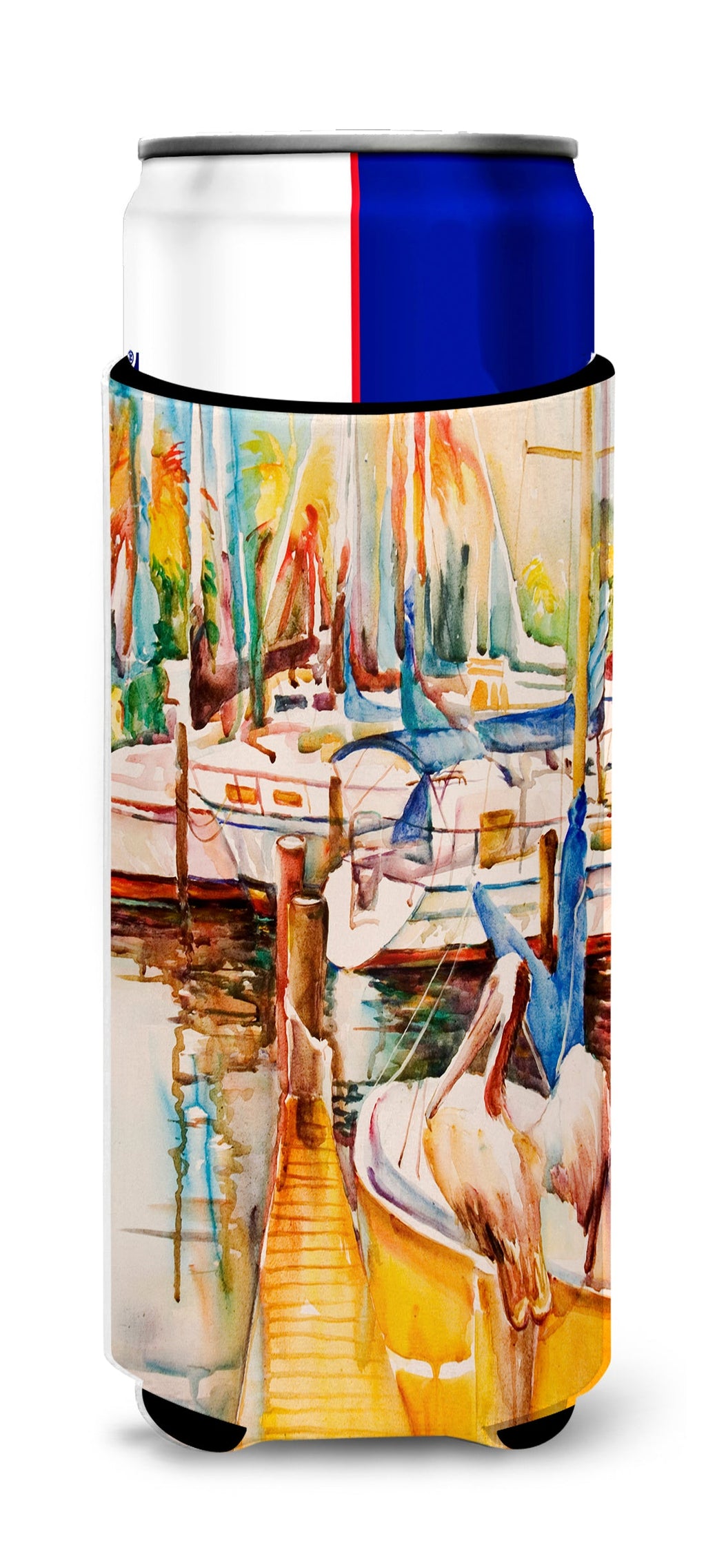 Sailboats and Pelicans Slim Can Hugger , Insulated Foam Hugger for 12 oz Slim Cans, Beer Bottles & Water Bottles, Printed in USA