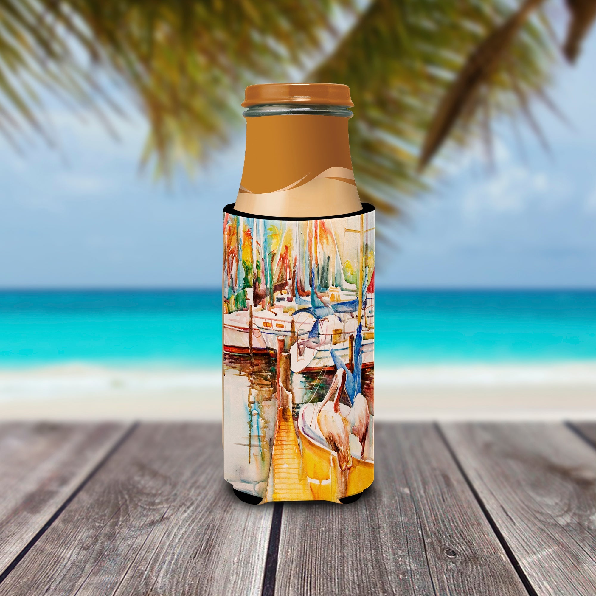 Sailboats and Pelicans Slim Can Hugger , Insulated Foam Hugger for 12 oz Slim Cans, Beer Bottles & Water Bottles, Printed in USA