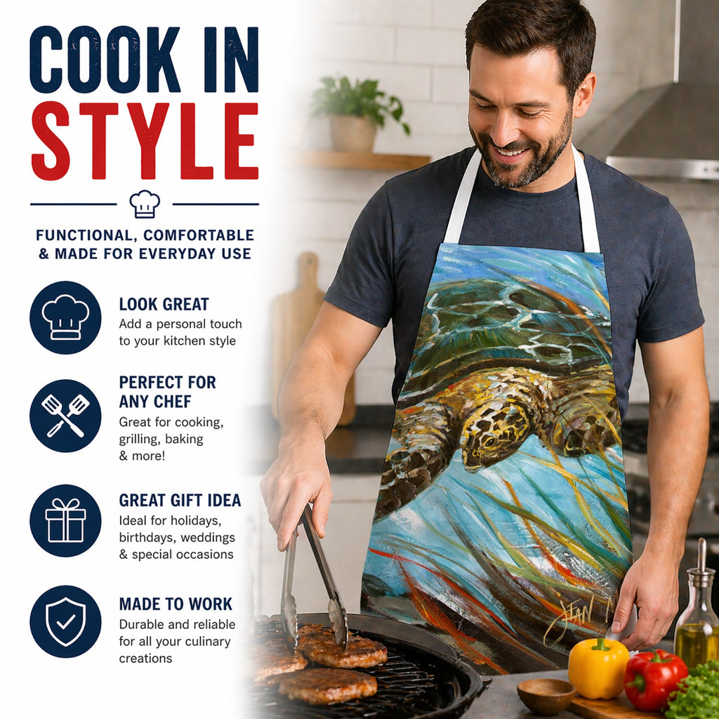 Loggerhead Sea Turtle Apron Cooking Kitchen Server Baking Crafts Gardening for Adult Women Men, Unisex, Large, Multicolor