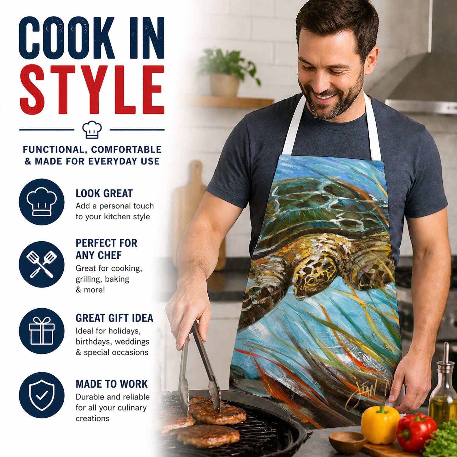 Loggerhead Sea Turtle Apron Cooking Kitchen Server Baking Crafts Gardening for Adult Women Men, Unisex, Large, Multicolor