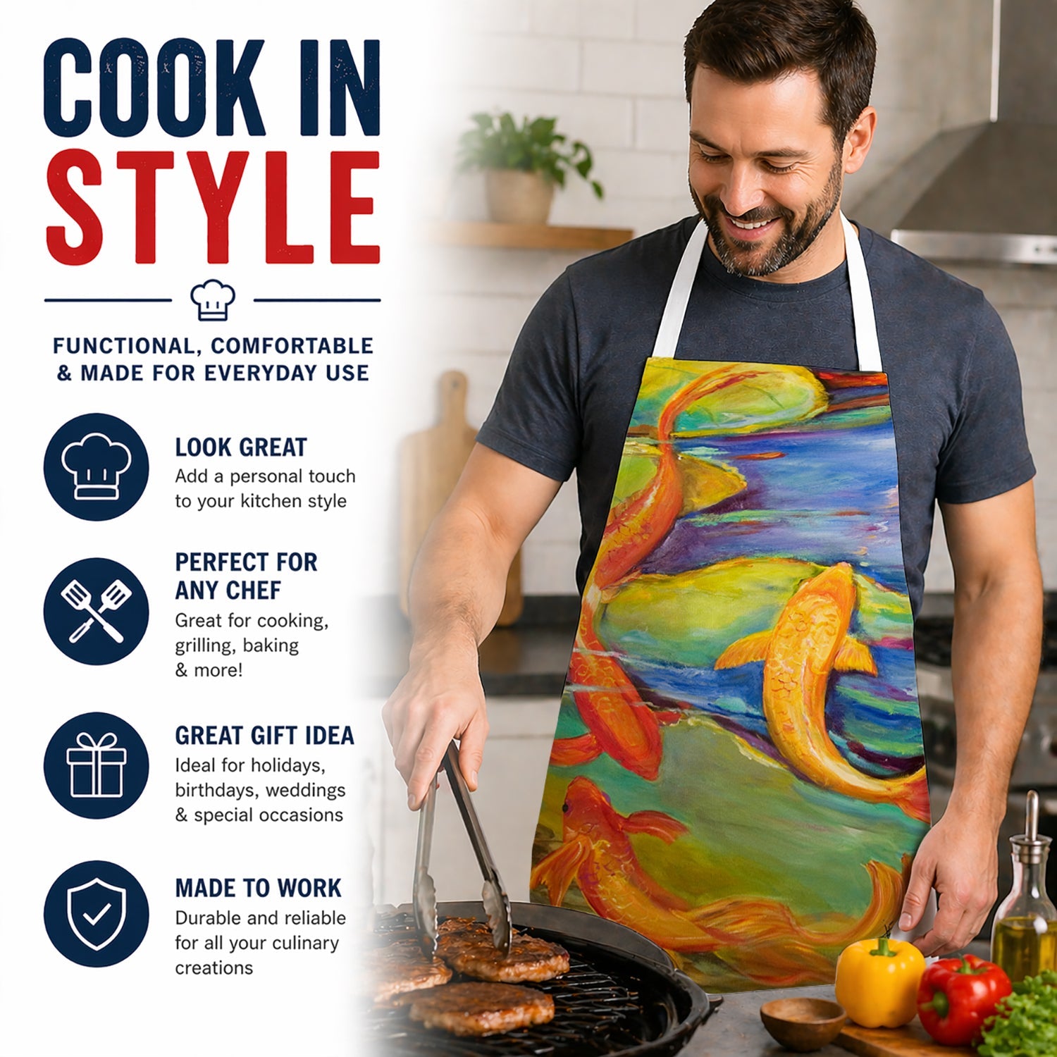 Koi Apron Cooking Kitchen Server Baking Crafts Gardening for Adult Women Men, Unisex, Large, Multicolor