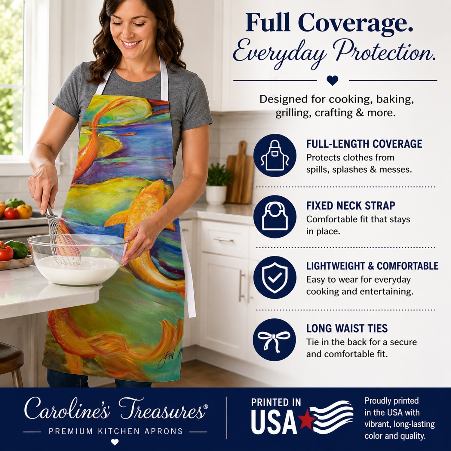 Koi Apron Cooking Kitchen Server Baking Crafts Gardening for Adult Women Men, Unisex, Large, Multicolor